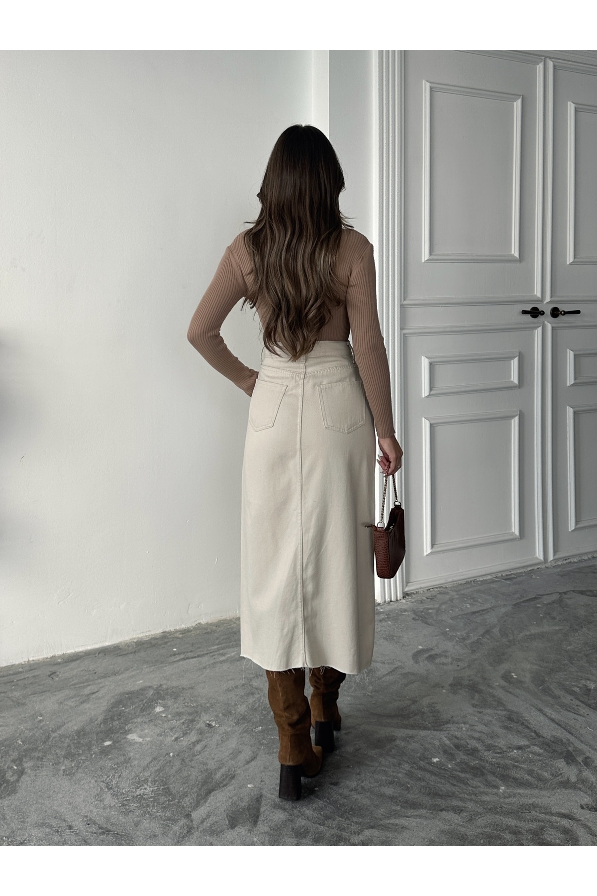 BLUE MARLIN  KADIN TAŞ ETEK UCU KESİK ÖN YIRTMAÇ KETEN ETEK - Görsel 6