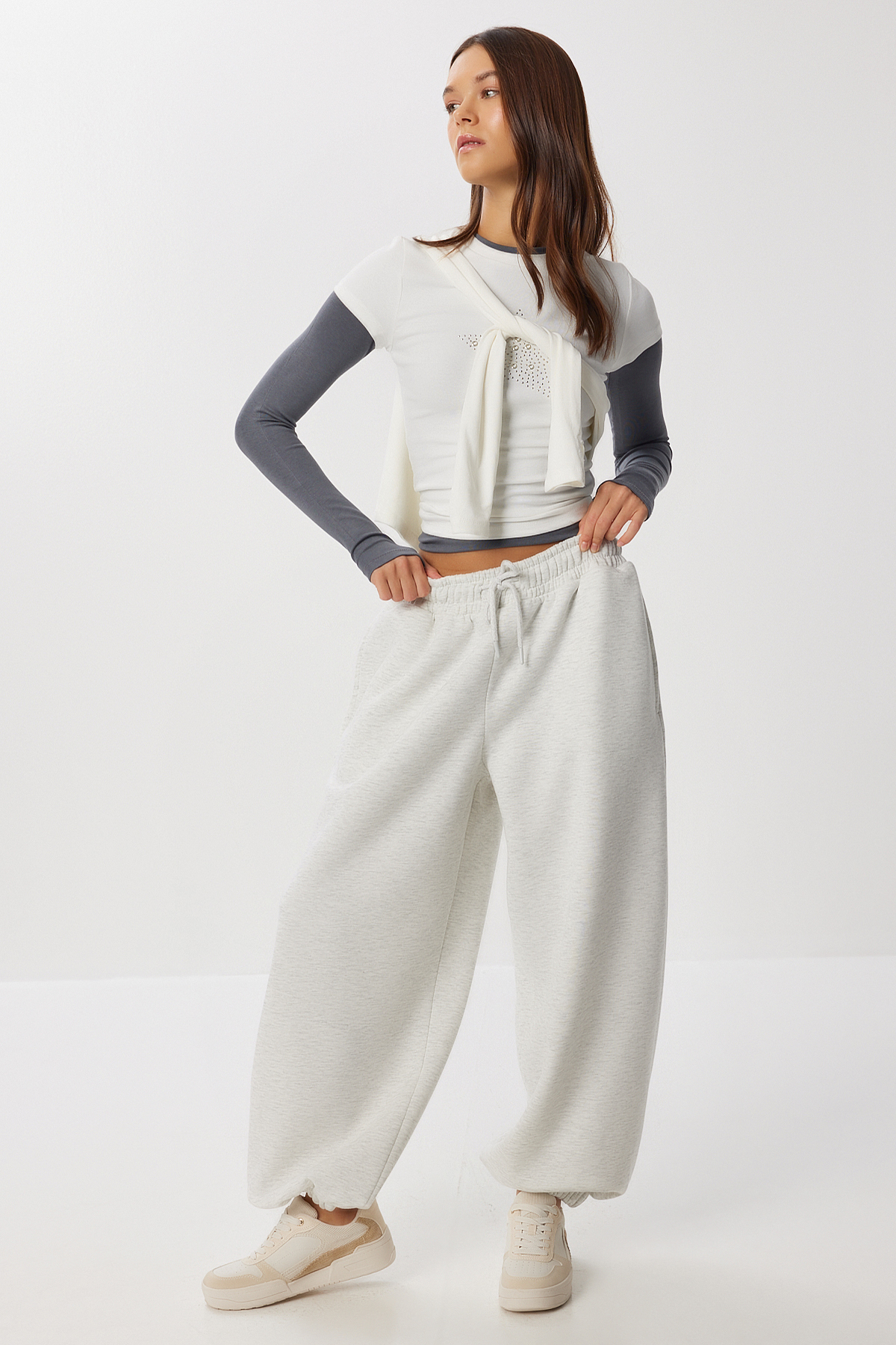 Lovelyİstanbul Şardonlu Örme Barrel Fit Eşofman Altı LUB0251 GRİ MELANJ görsel 2