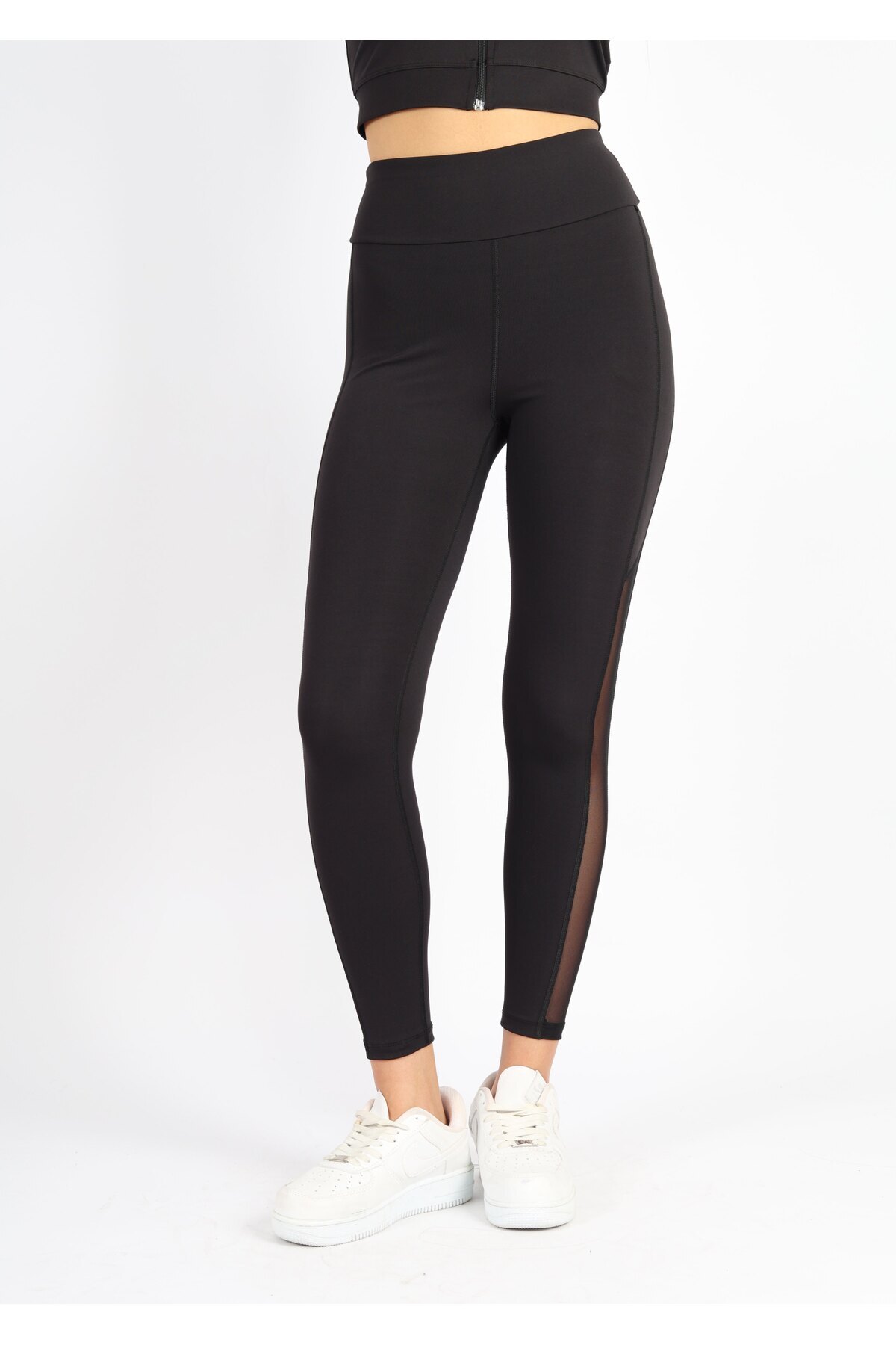 soft&basic Siyah Polyester Paçası Tül Detaylı Yüksek Bel Tayt görsel 3