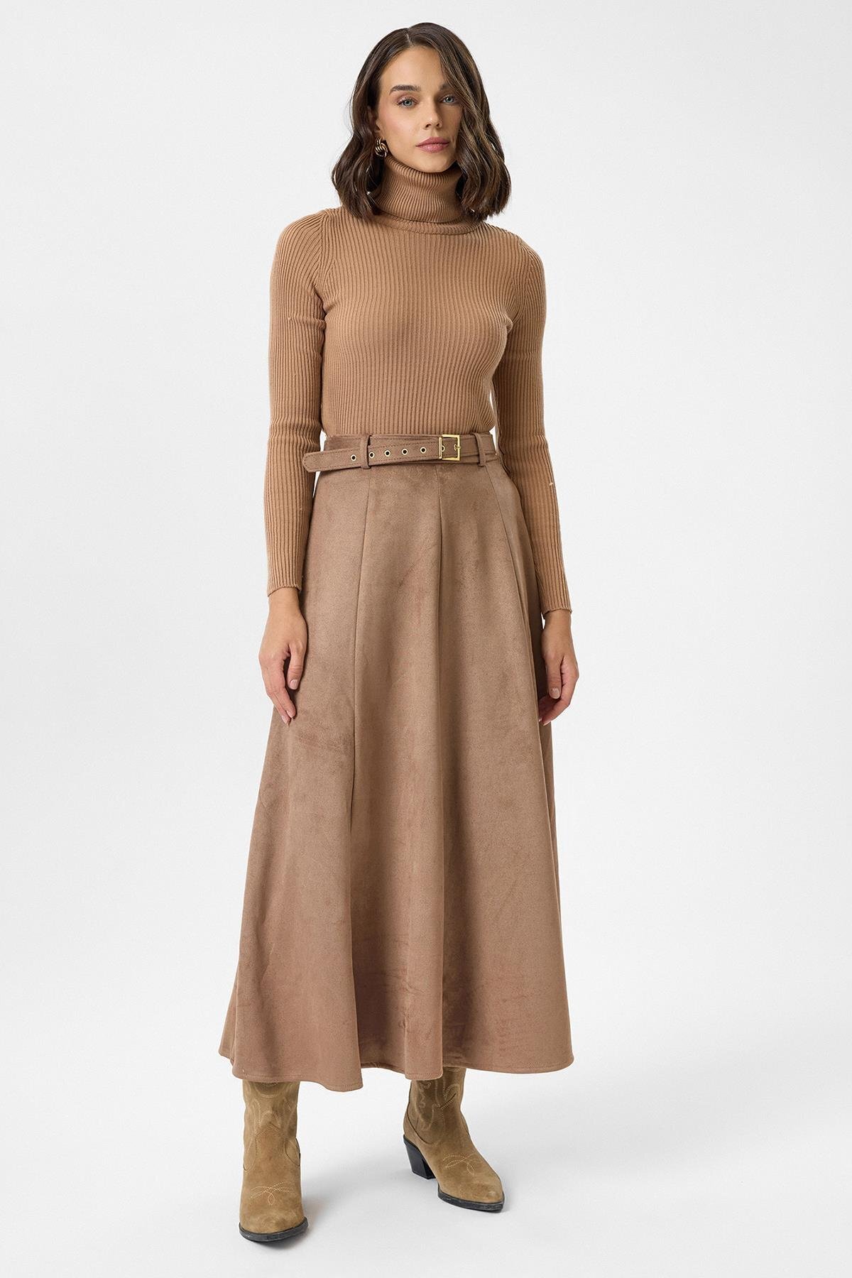 Tiffany Tomato  Yırtmaçlıı Uzun Süet Etek - Görsel 5