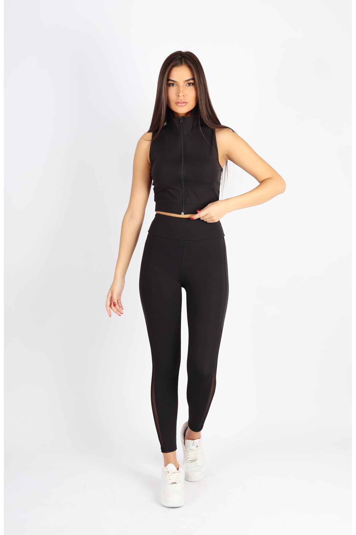 soft&basic Siyah Polyester Paçası Tül Detaylı Yüksek Bel Tayt görsel 6