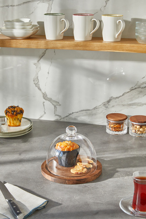 hapeed Aris Model Küçük Boy Ahşap Stantlı Cam Kek Fanusu ve Sunumluk