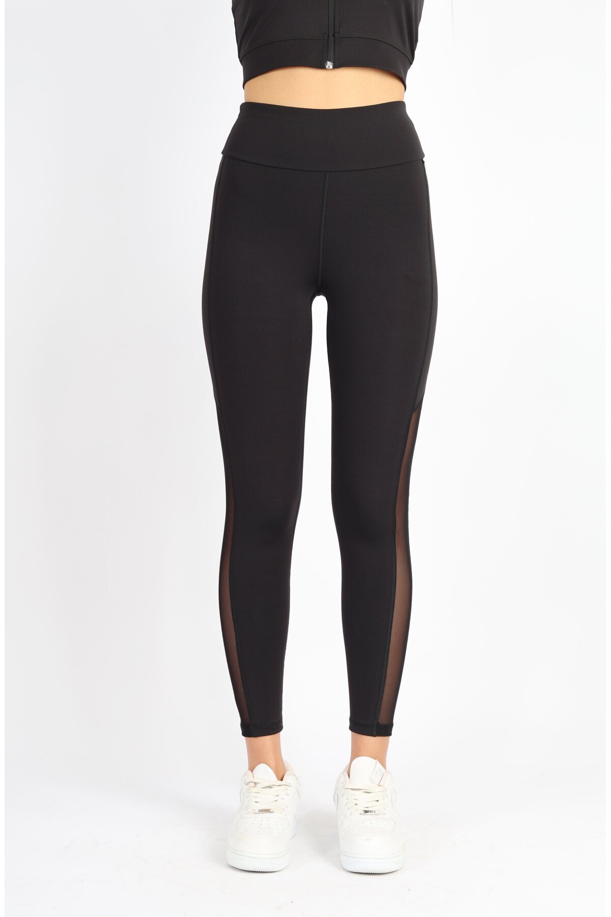 soft&basic Siyah Polyester Paçası Tül Detaylı Yüksek Bel Tayt görsel 2