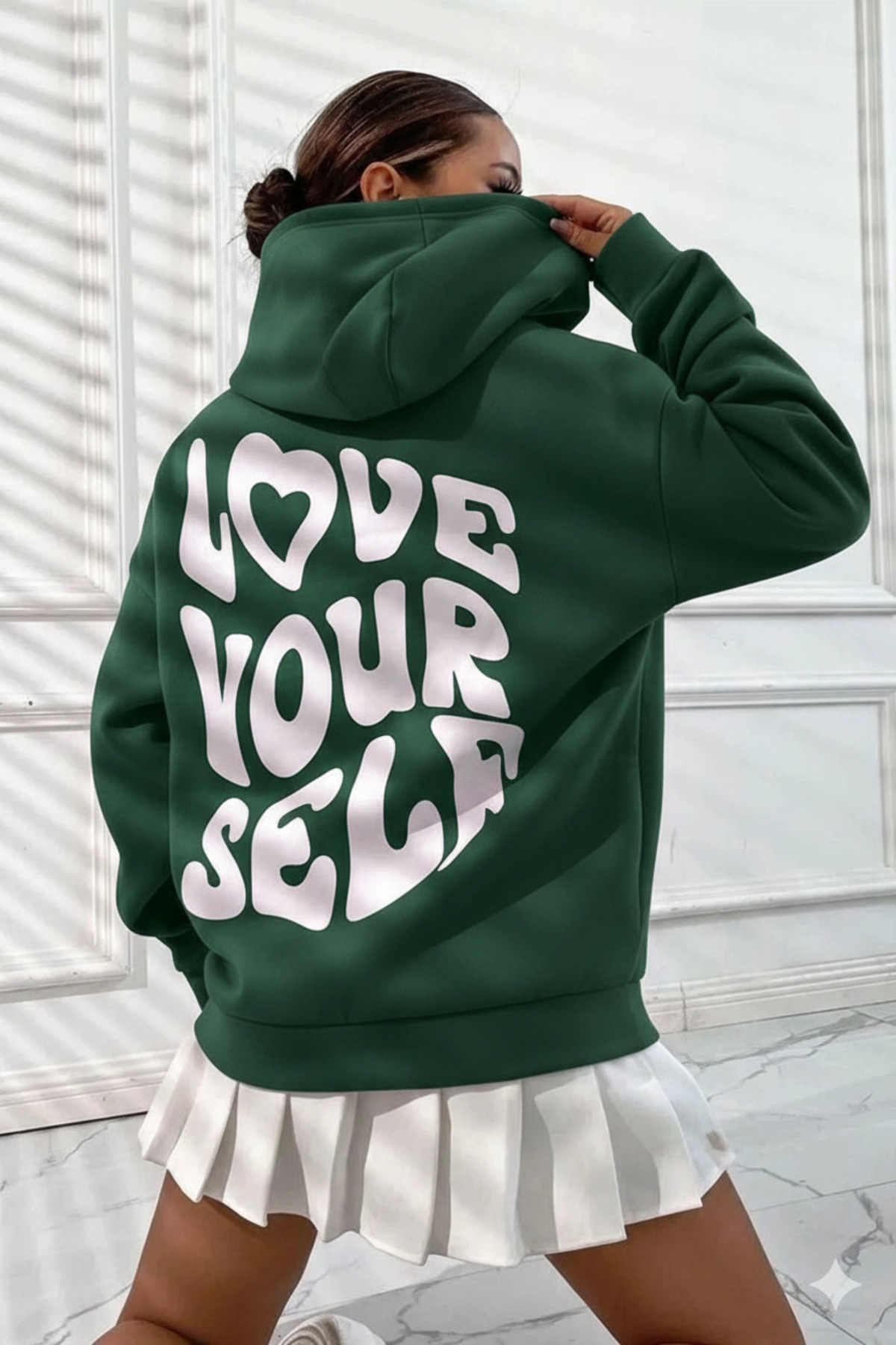 سویشرت کلاه‌دار سایز بزرگ Love Your Self چاپ سه نخ برس خورده ۱۰۰٪ پنبه — سبز mah-paggos-Kapüşonlu1-sweat-1 — تصویر 2 از 4