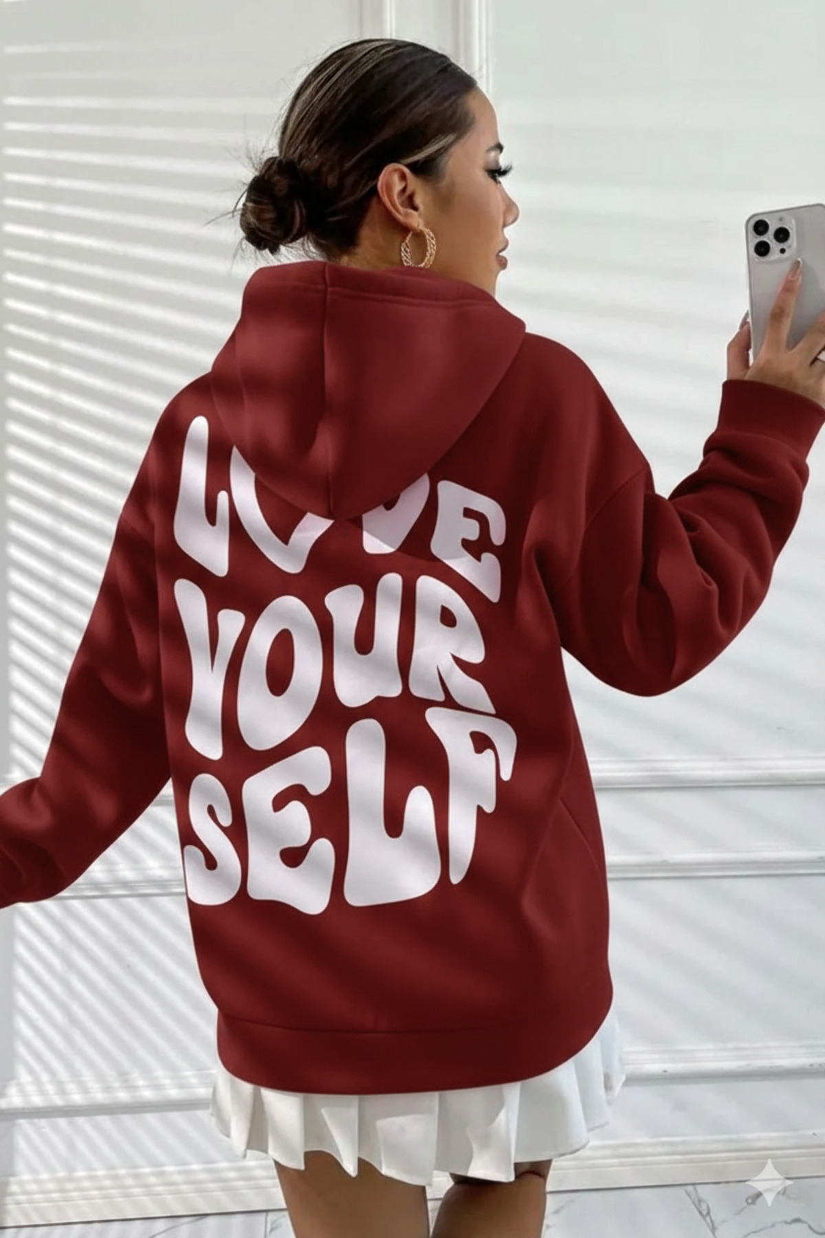 Wish BF  Kapüşonlu Sweatshirt Oversize Love Your Self Baskılı 3 Iplik Şardonlu %100 Pamuk - Görsel 3