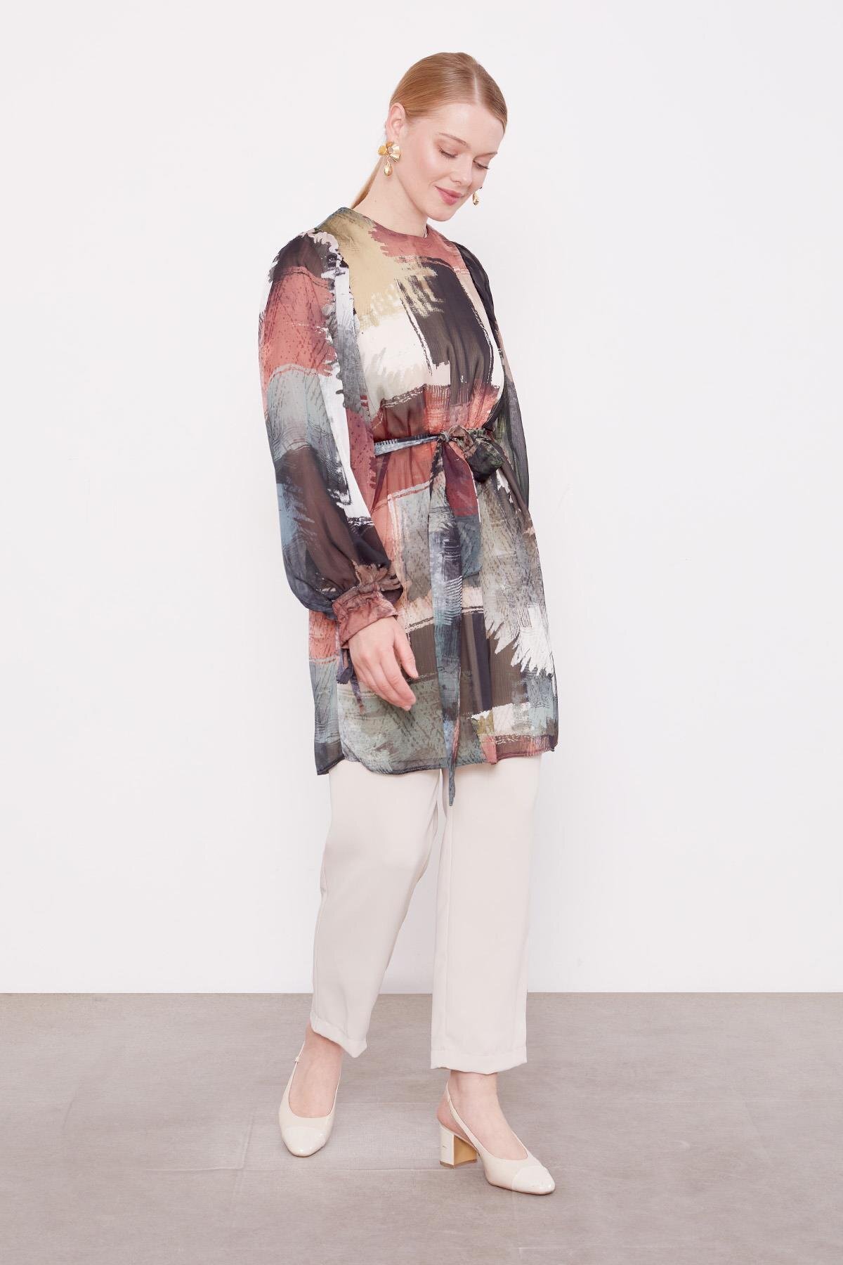 Levidor Haki Karışık Fırça Desen Şifon Tunik