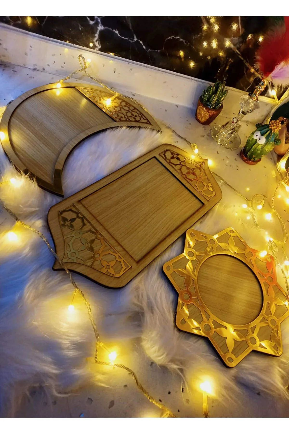 3 WOODEN PRESENTATION PLATE - AKÇA COLOR RAMADAN DECORATION & IFTAR SUNRISE - WELCOME RAMADAN ORNAMENT