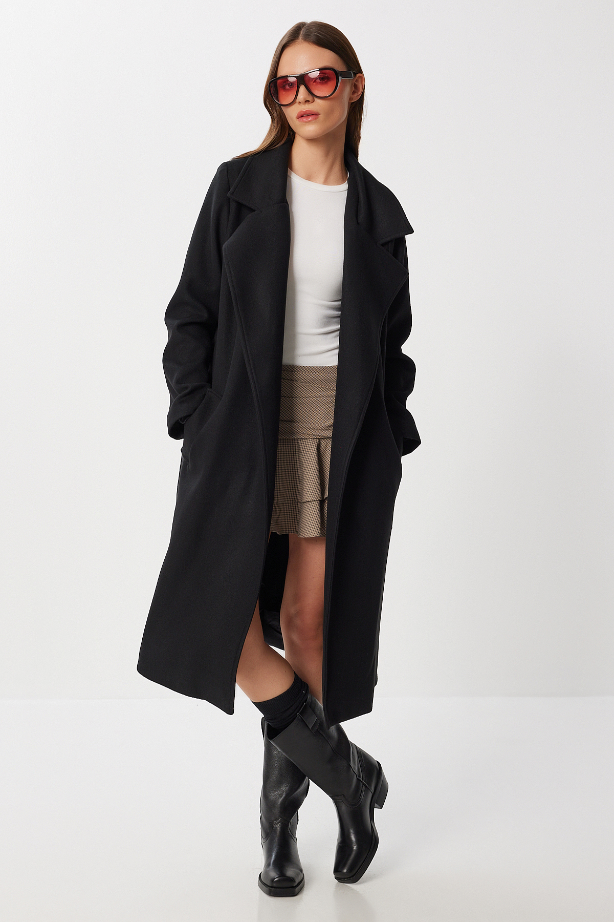 Lovelyİstanbul  Kruvaze Yaka Kuşaklı Kaşe Kaban LGP0030 SİYAH