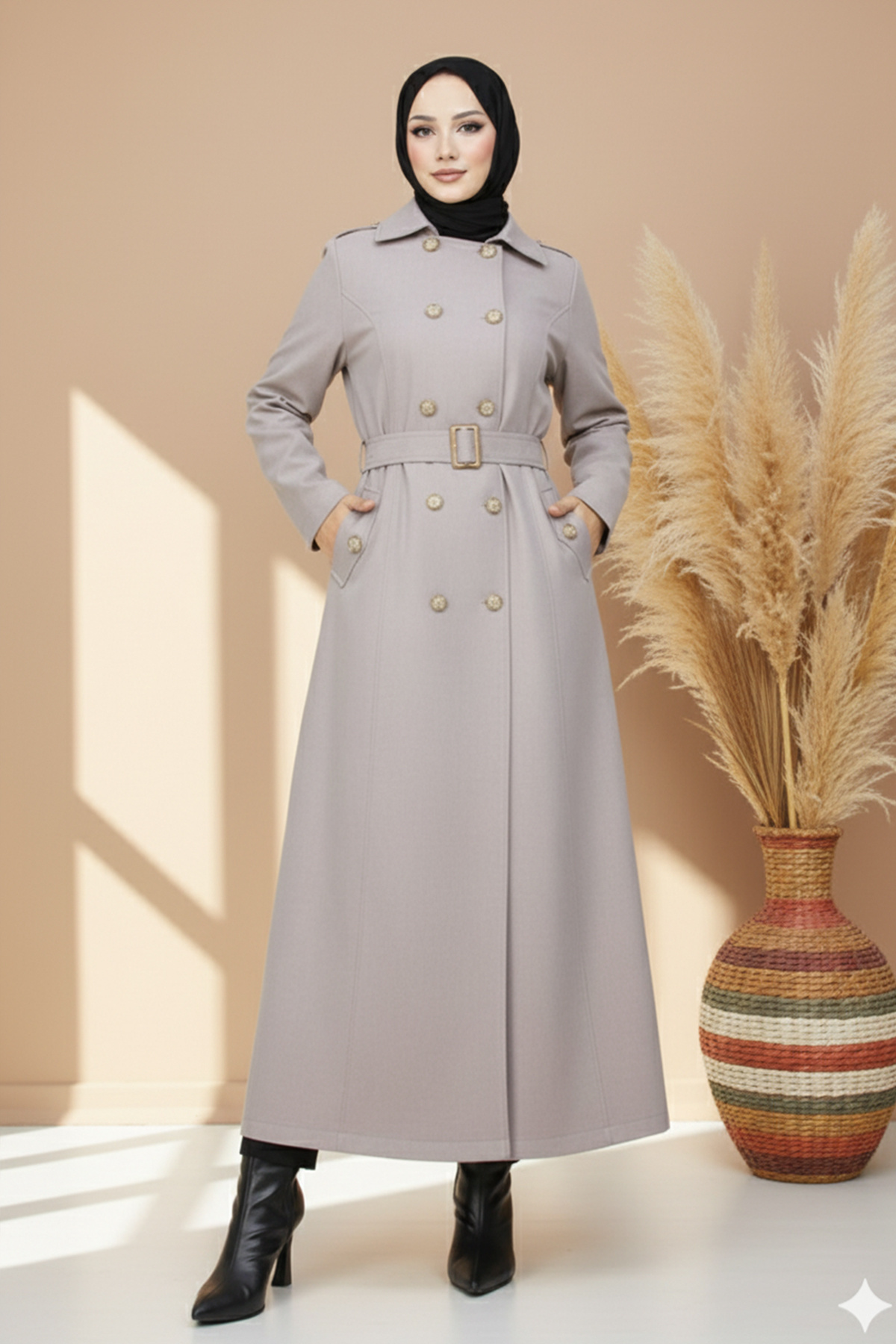 benguen 4901 Kuşaklı Trençkot Taş Rengi