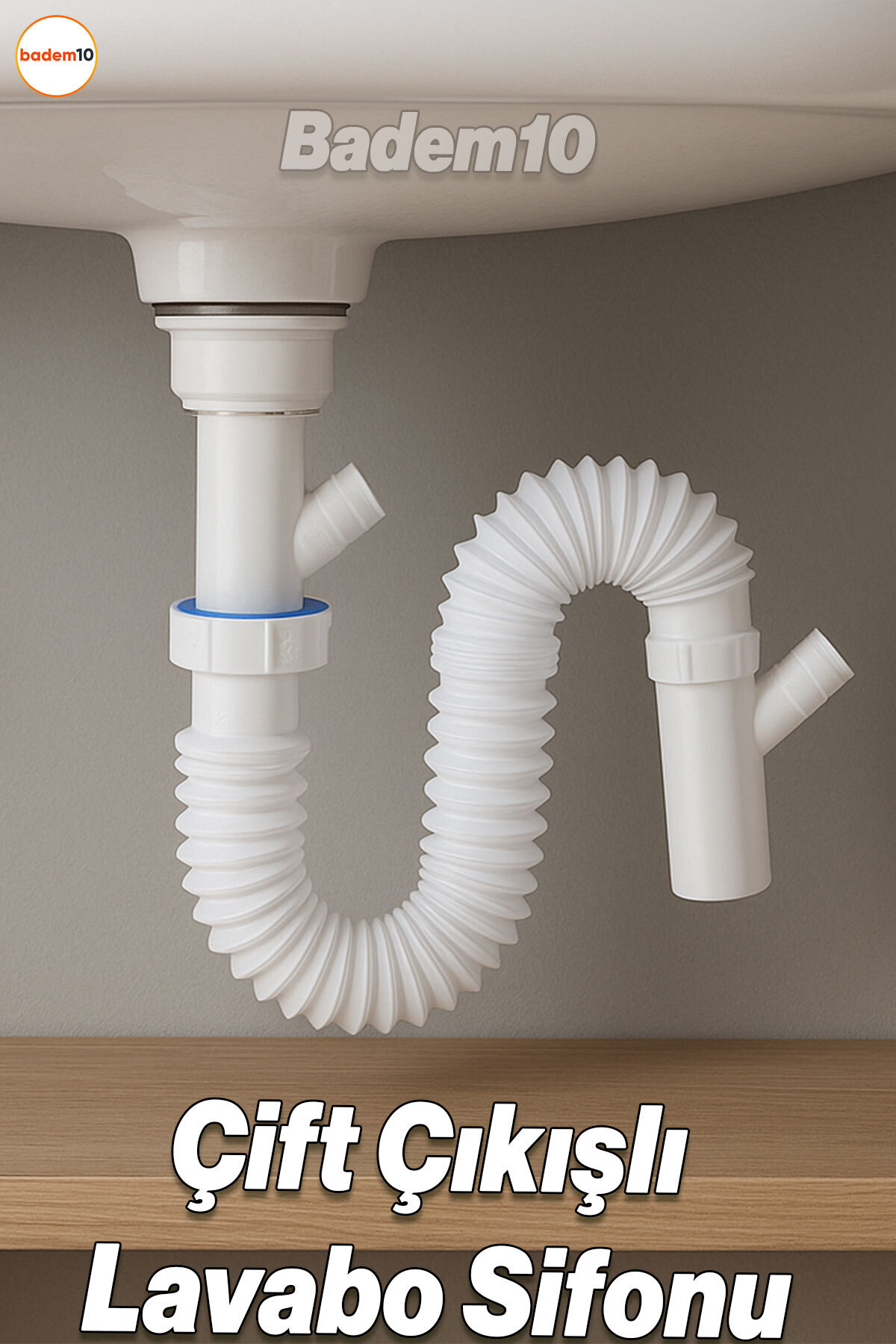 Badem10 Lavabo Sifonu Çift Çıkışlı Körüklü Hortum Çamaşır ve Bulaşık Makinesi Uyumlu Süzgeç Koku Yapmaz