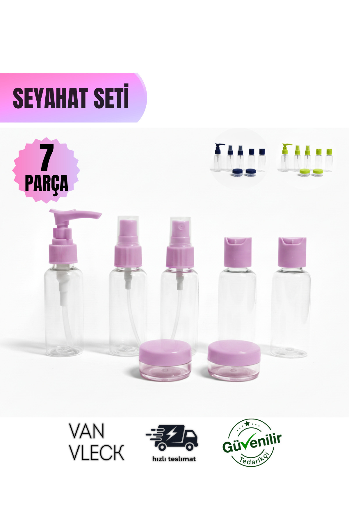 7 Parça Seyahat Seti – Şeffaf Fermuarlı Çanta, Sprey Şişeler, Sabunluk, Şampuanlık ve Krem Kutuları — رنگارنگ VNVLCK0144