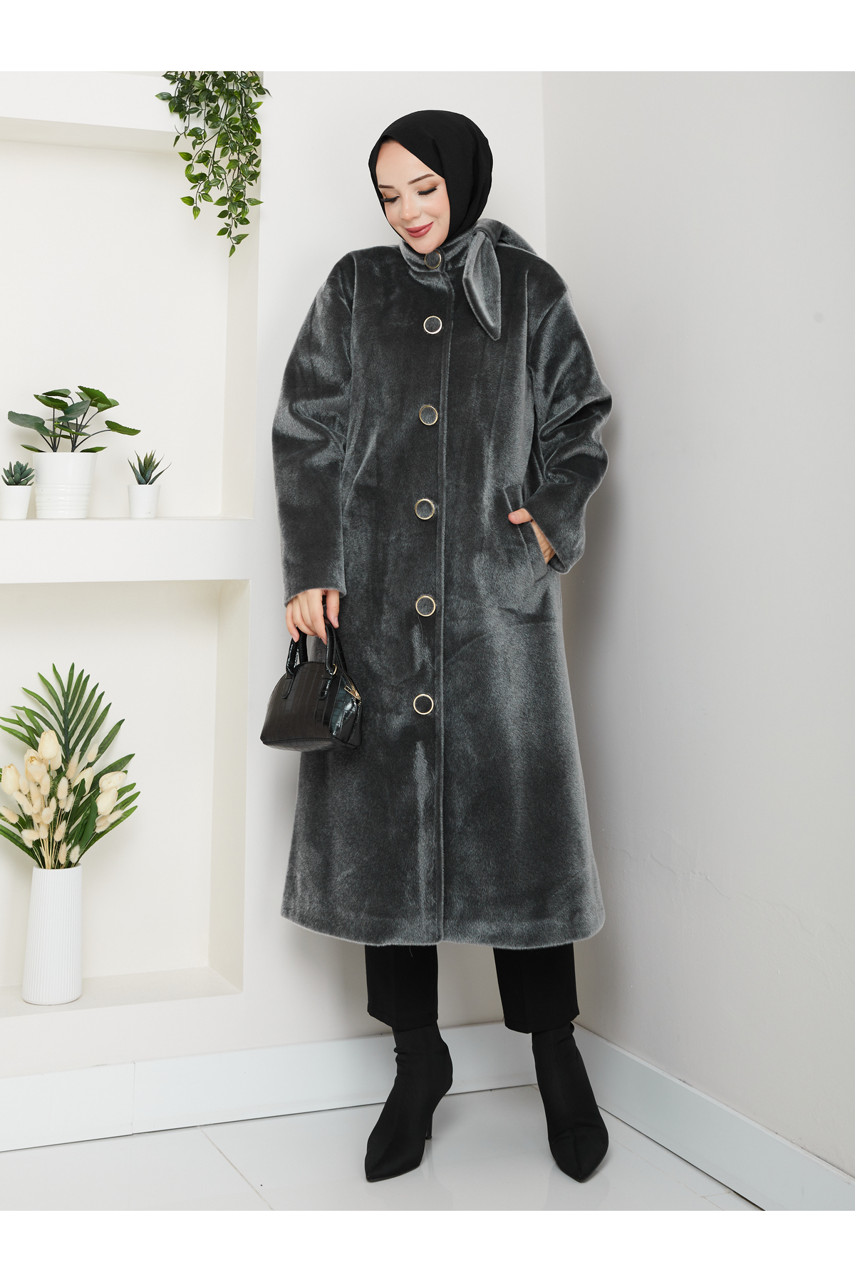 KMKkombin  KADIN DÜĞMELİ FİYONK MODELLİ FOKS KUMAŞ ŞIK KAŞE KABAN - Görsel 5