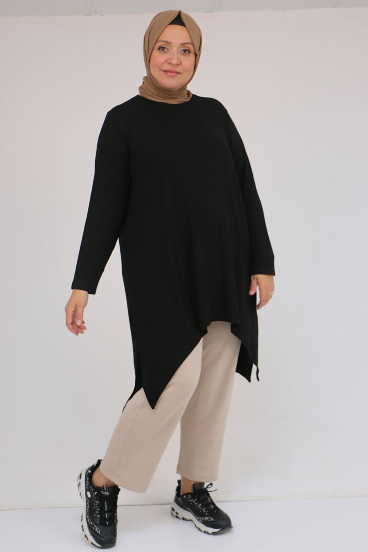 Eslina 58106 Büyük Beden Eteği Asimetrik Kesim Çilek Tunik - Siyah