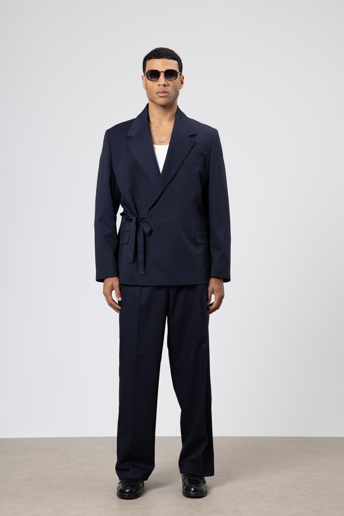 VAMOSCLO Oversize Kuşaklı Takım Elbise Lacivert