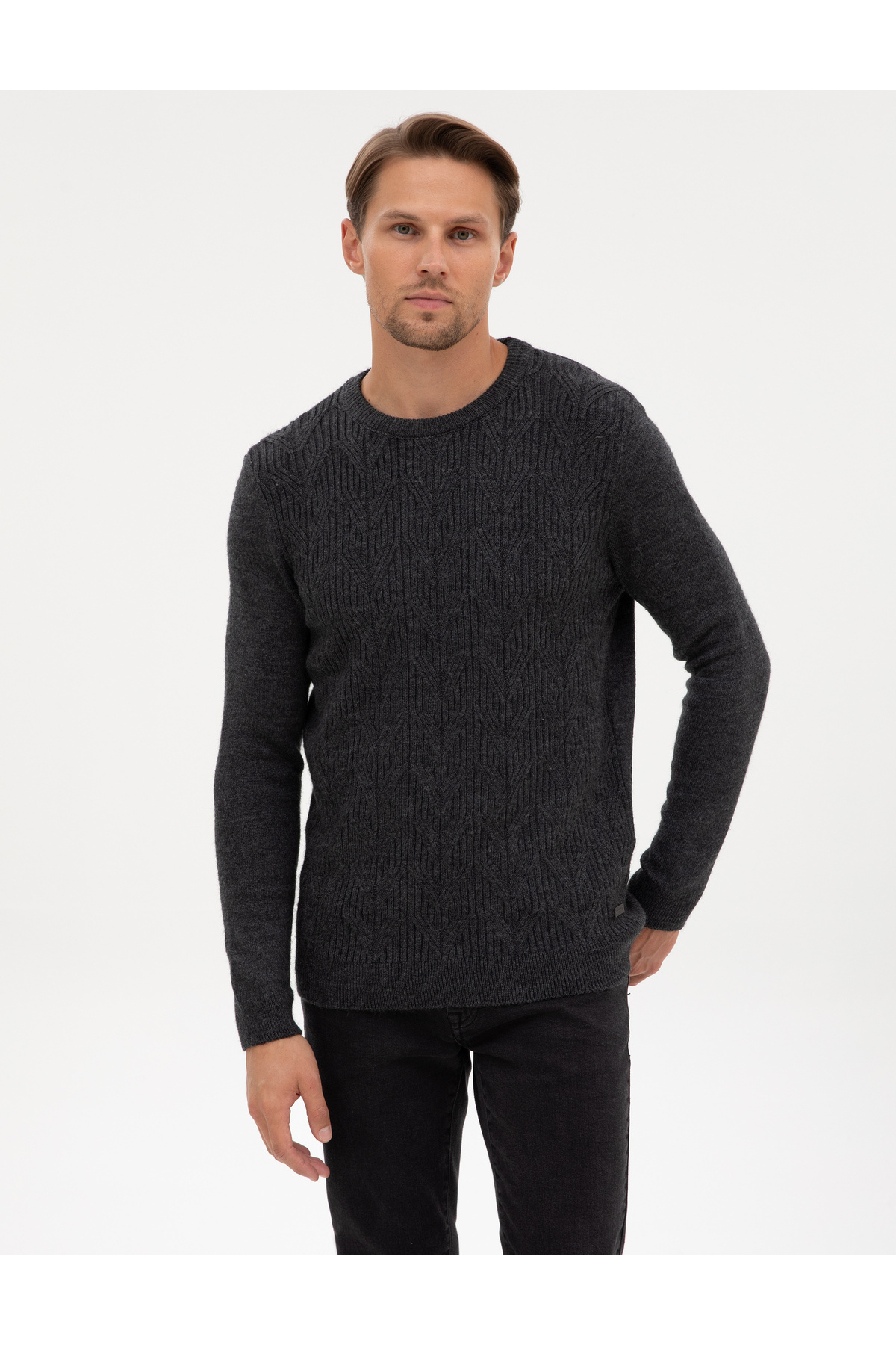 پیر کاردین ژاکت بافتنی آنتراسیت ملانژ Regular Fit Crew Neck 50315721-VR081