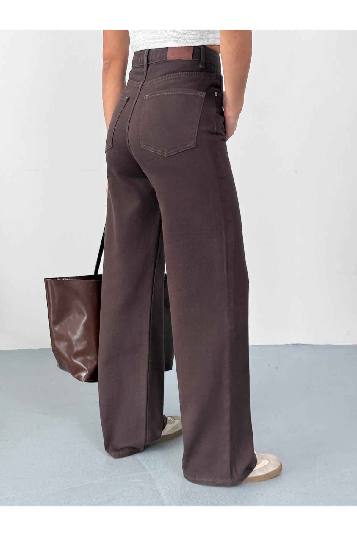 XBELLA DENİM  KADIN KAHVERENGİ WİDE-LEG JEANS YUKSEK BEL GENİŞ PAÇA KOT PANTOLON - Görsel 4