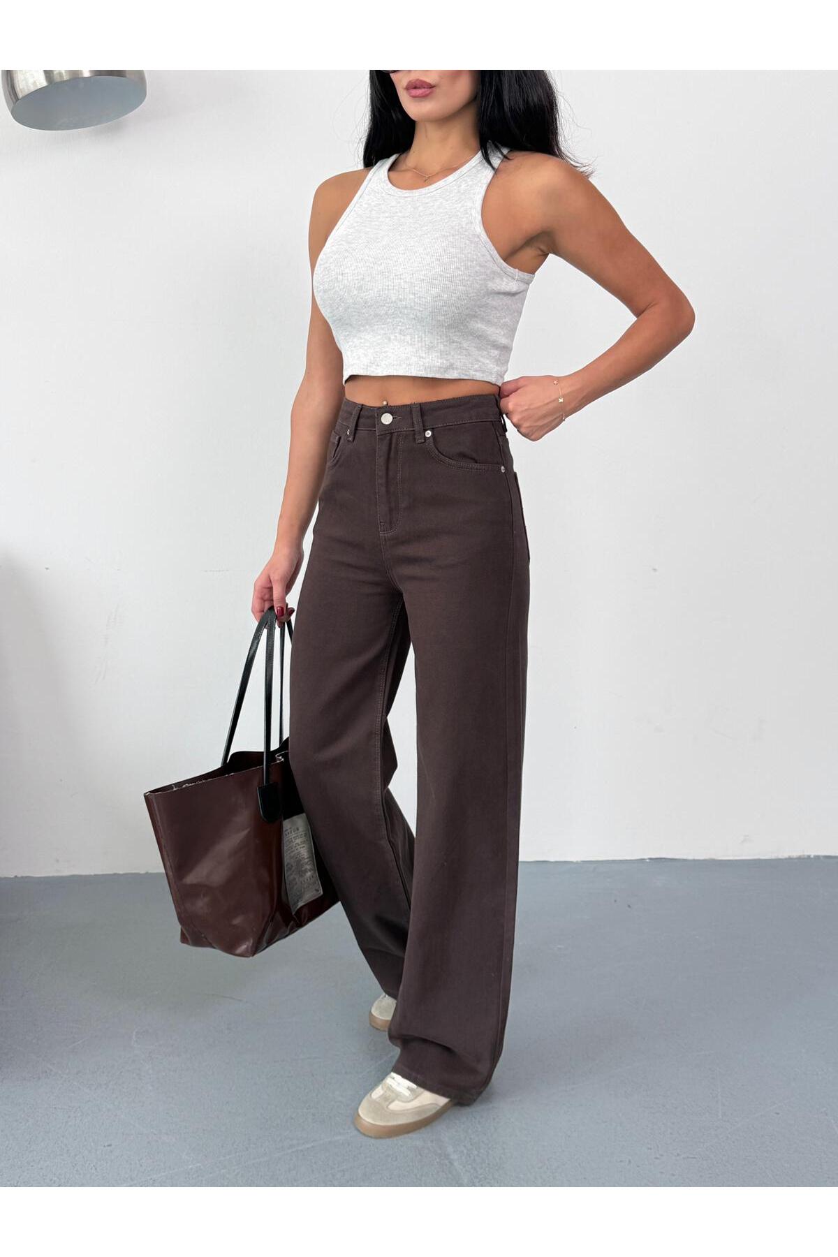 XBELLA DENİM  KADIN KAHVERENGİ WİDE-LEG JEANS YUKSEK BEL GENİŞ PAÇA KOT PANTOLON - Görsel 2
