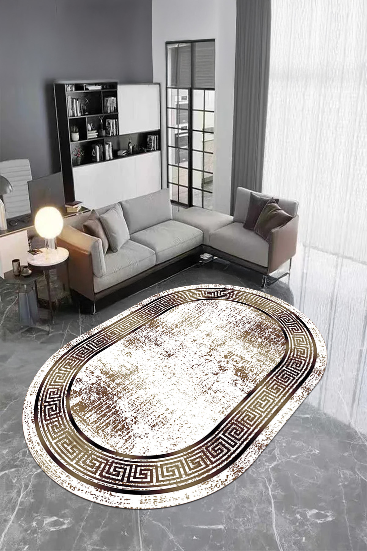 Oval Living Room Carpet with Digital Printed Washable and Non-Slip Base Edge Striped Aged Model Frame