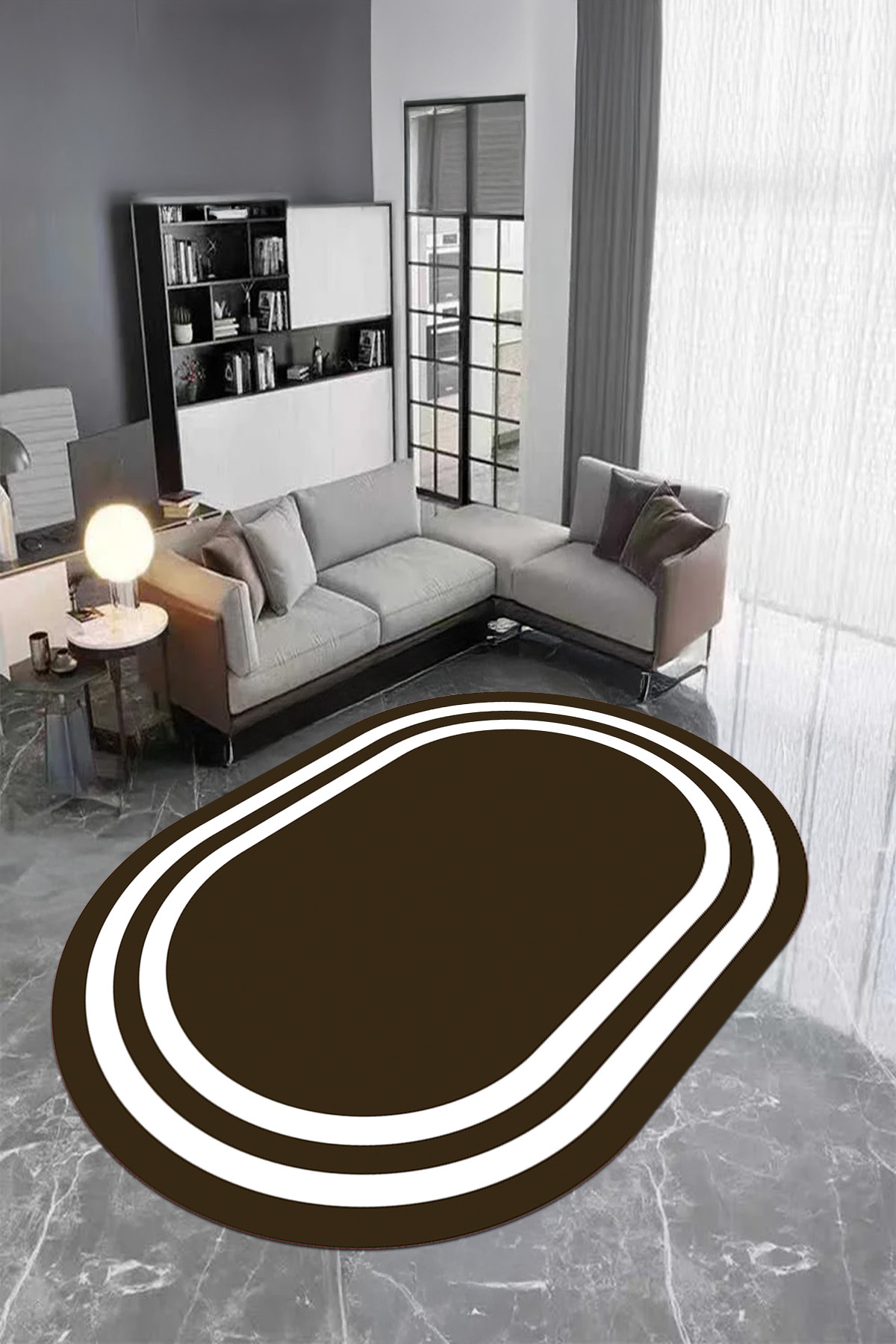 Digital Printed Washable and Non-Slip Flat Line Pattern Framed Oval Living Room Rug