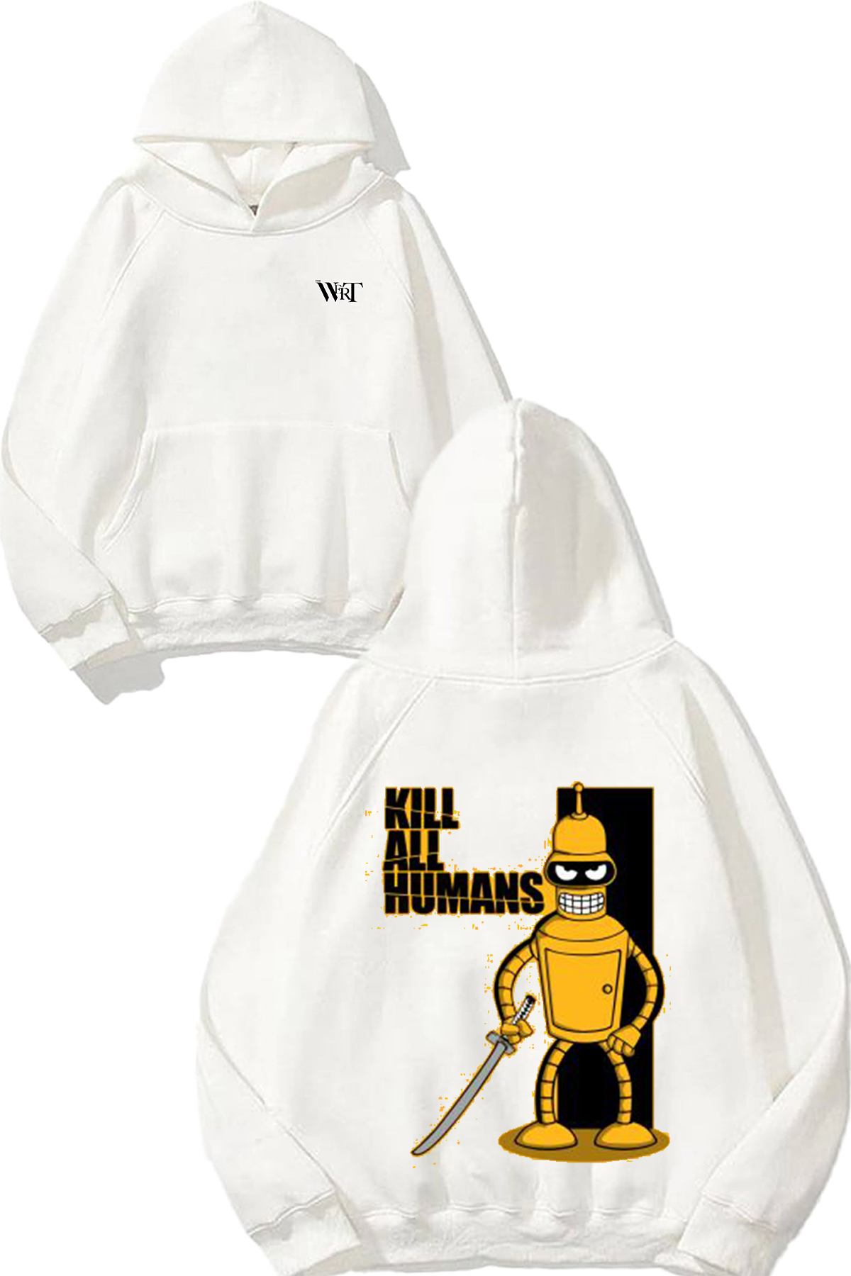 THEWERT Kıll All Humans Design Back Printed White Hooded Sweatshirt