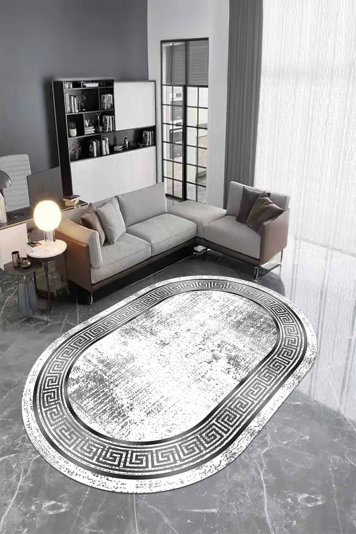 Oval Living Room Carpet with Digital Printed Washable and Non-Slip Base Edge Striped Aged Model Frame