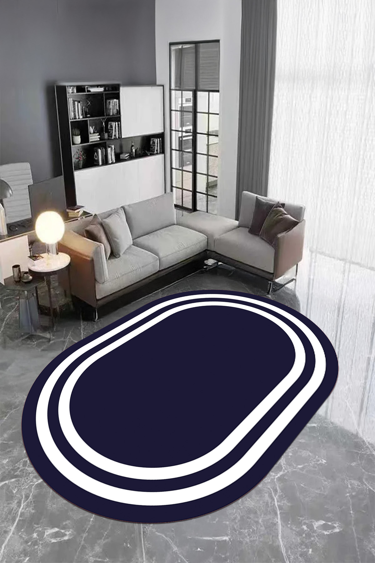 Digital Printed Washable and Non-Slip Flat Line Pattern Framed Oval Living Room Rug