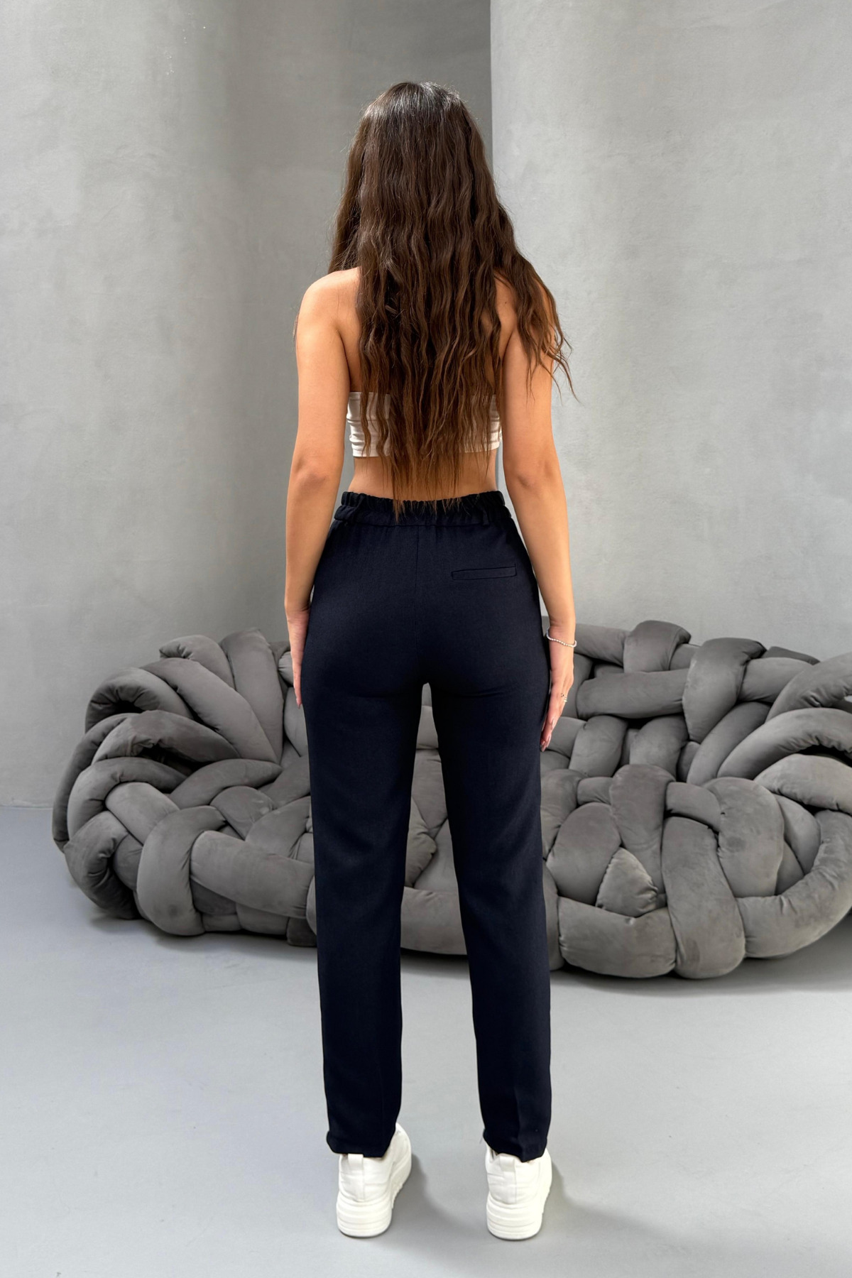 Kadın Yüksek Bel Havuç Model Beli Lastikli Dar Paça Pantolon LACİVERT 6