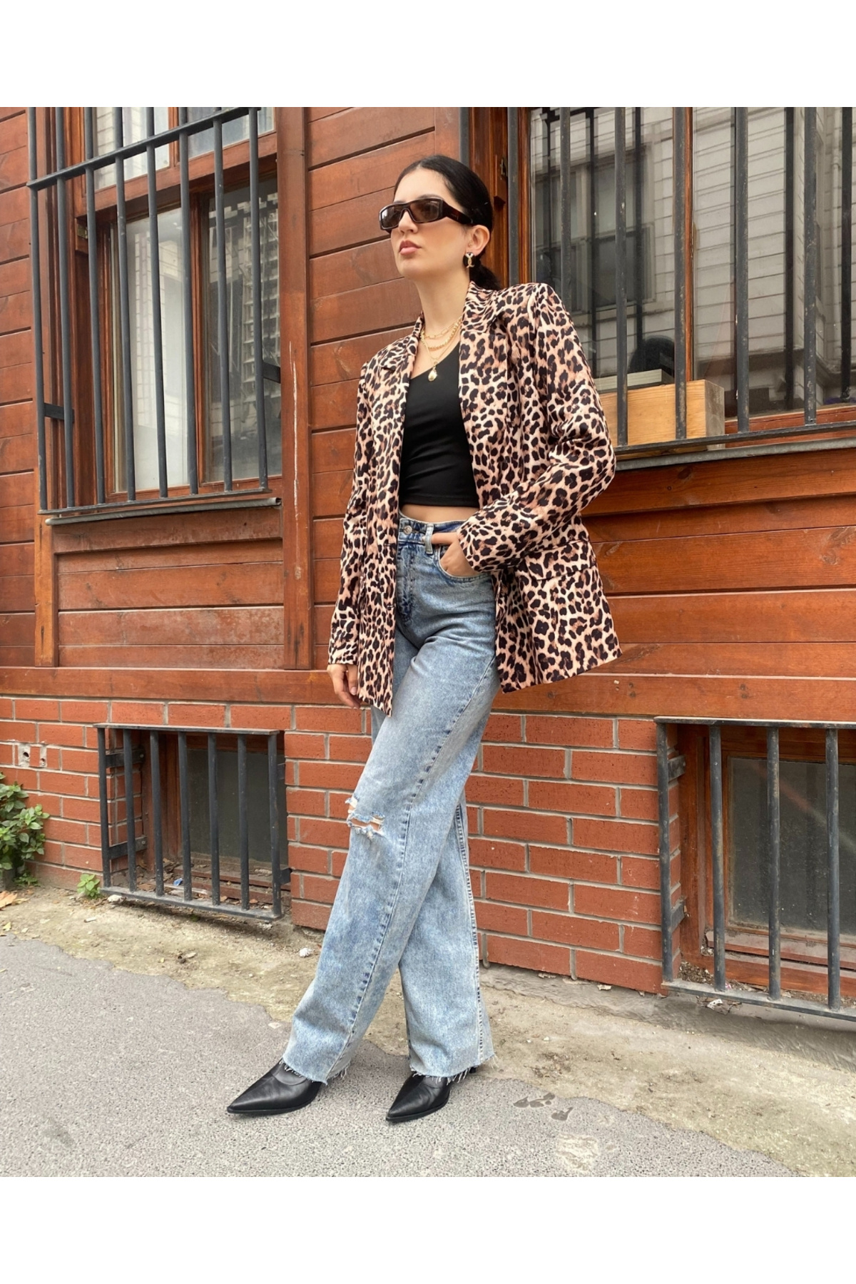 Kadın Leopar Kruvaze Oversize Blazer Ceket Düğme Detaylı