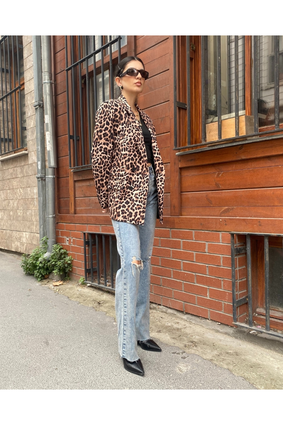 Kadın Leopar Kruvaze Oversize Blazer Ceket Düğme Detaylı