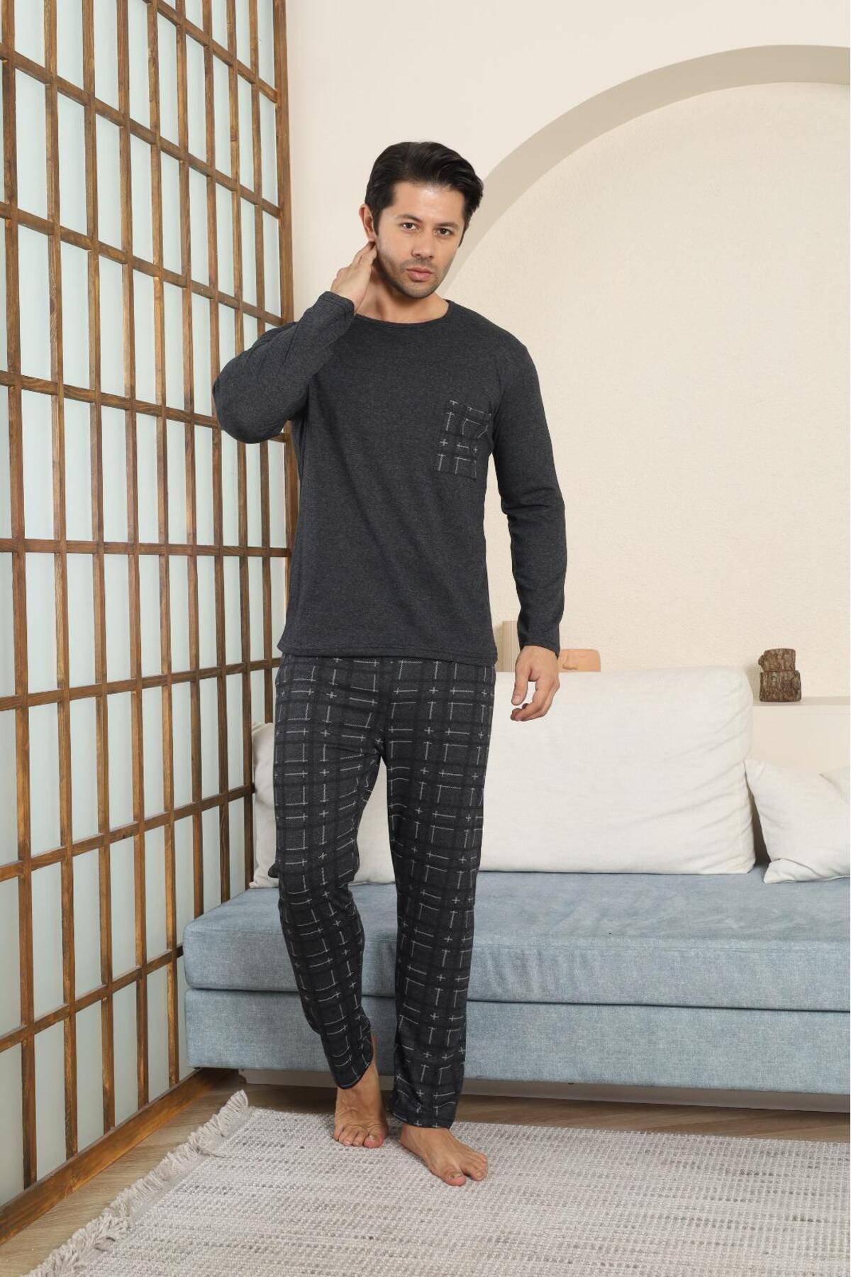 STELLAPİNK Erkek Penye Ekoseli Uzun Pijama Takımı görsel 4