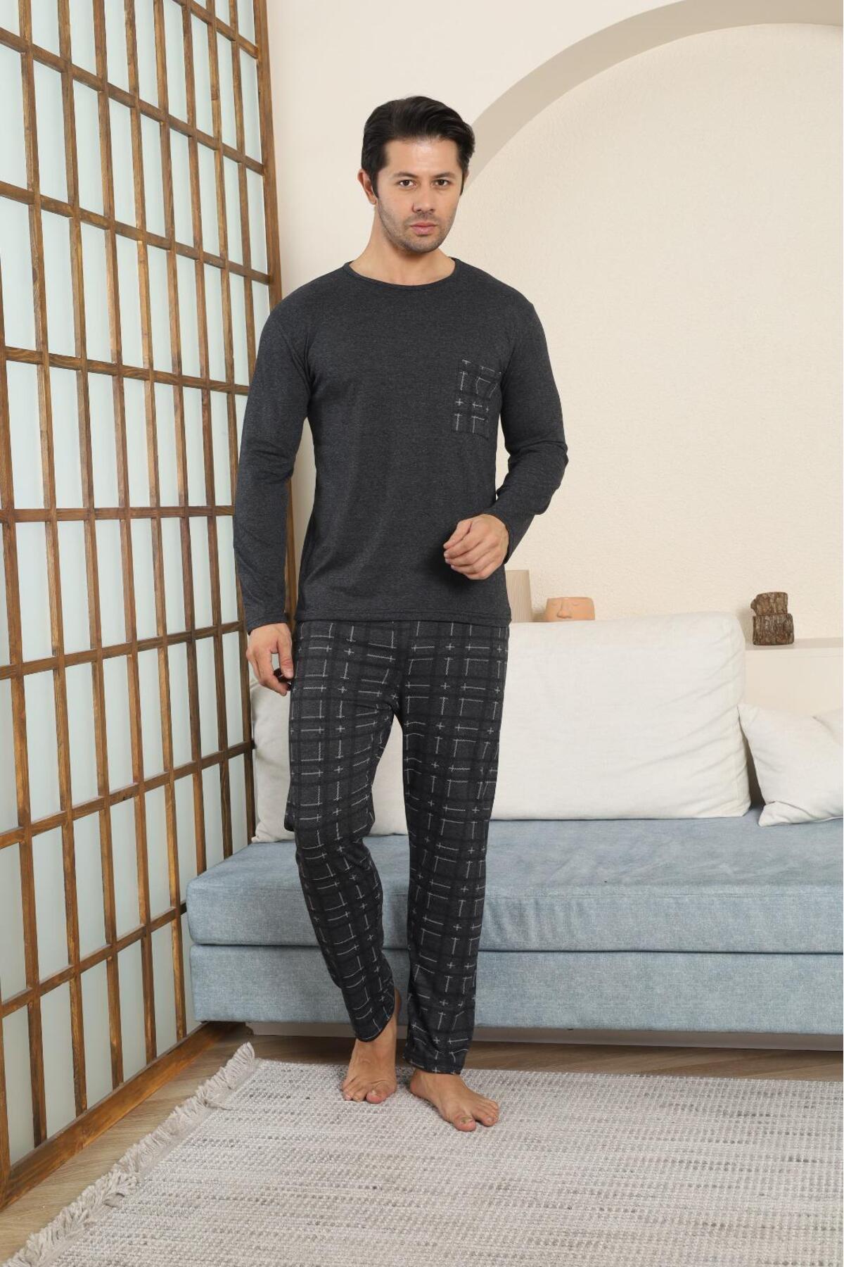 STELLAPİNK Erkek Penye Ekoseli Uzun Pijama Takımı görsel 2