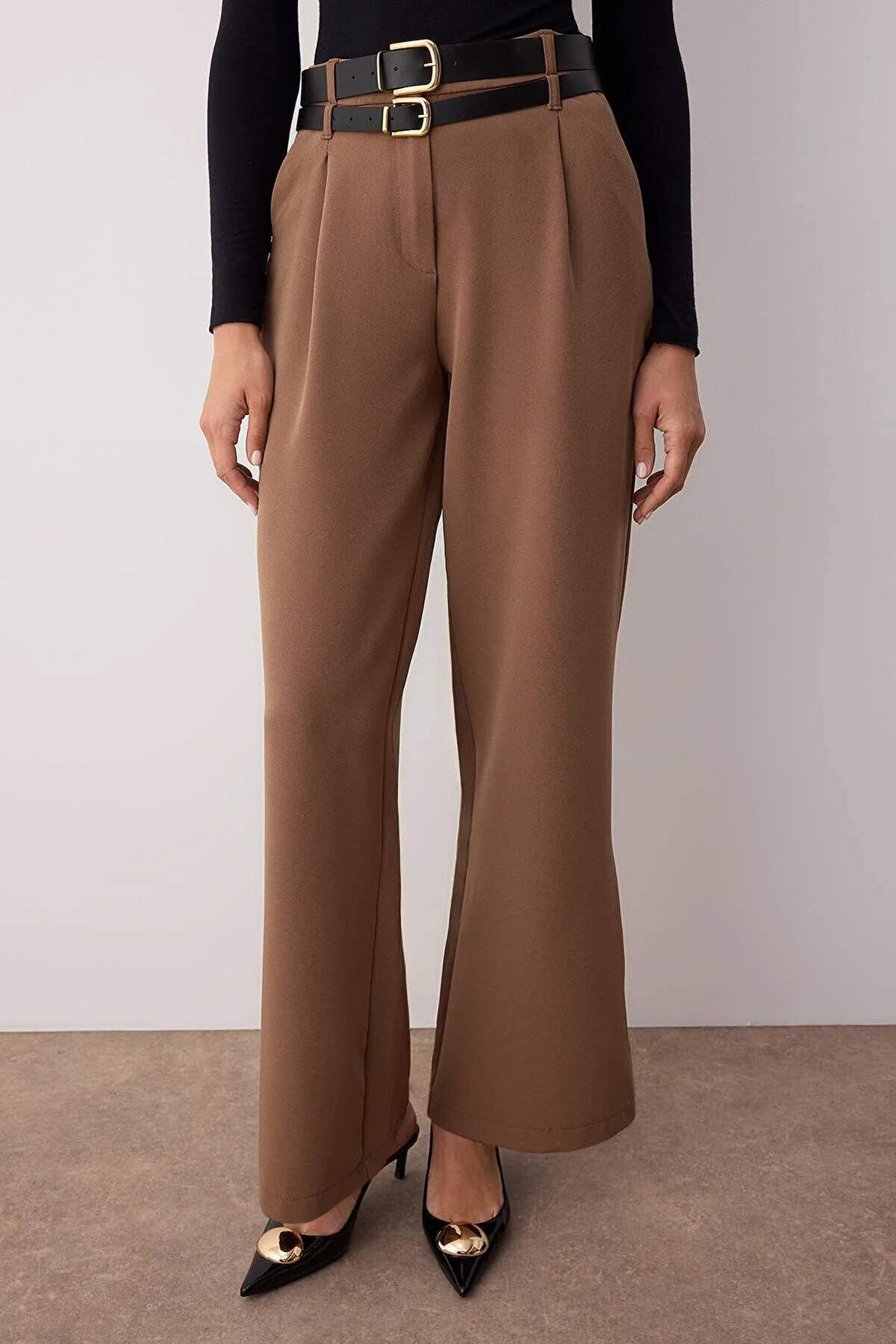 Trendyolmilla  Vizon Çift Kemer Detaylı Wide Leg/Geniş Paça Pantolon TWOAW26PL00013 - Görsel 4