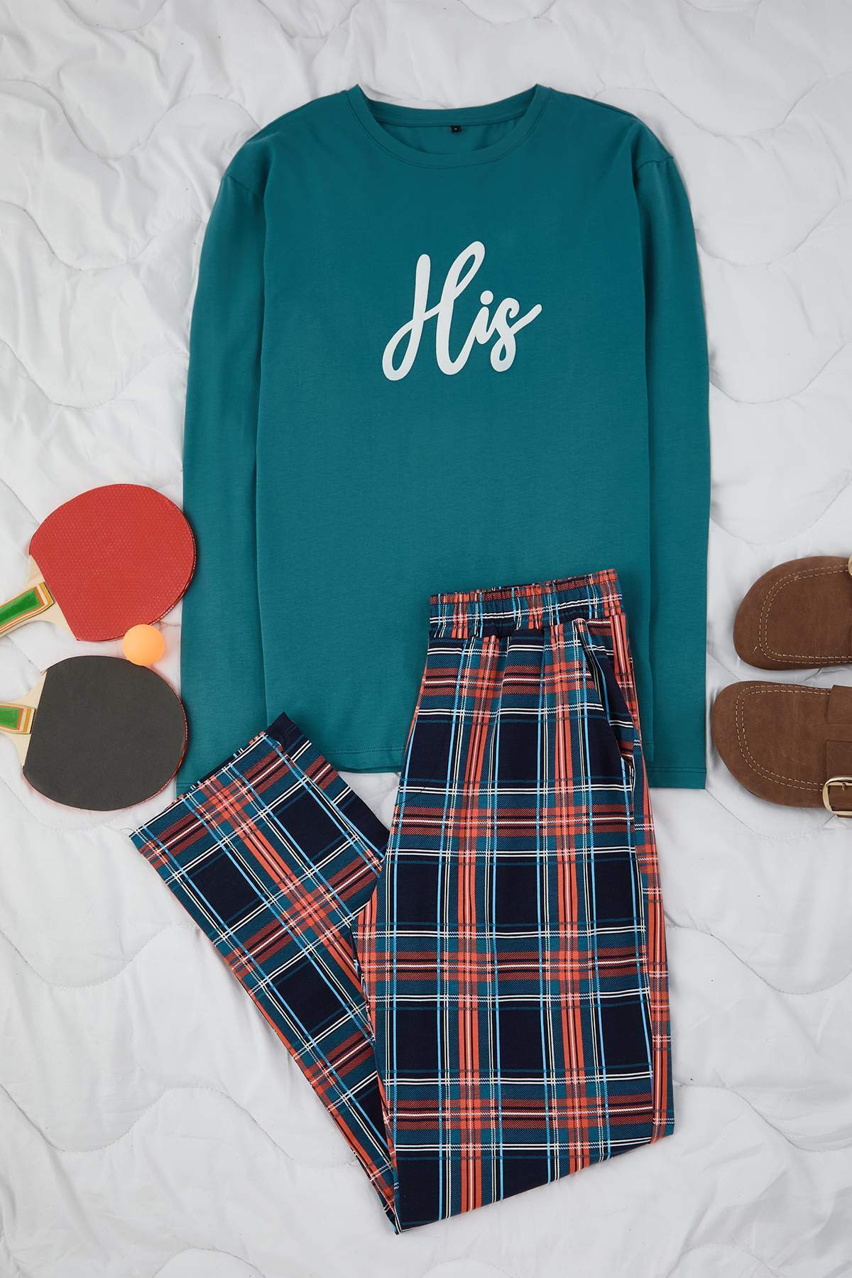 ست لباس خواب مردانه چهارخانه معمولي سبز آبي trendyolmilla 