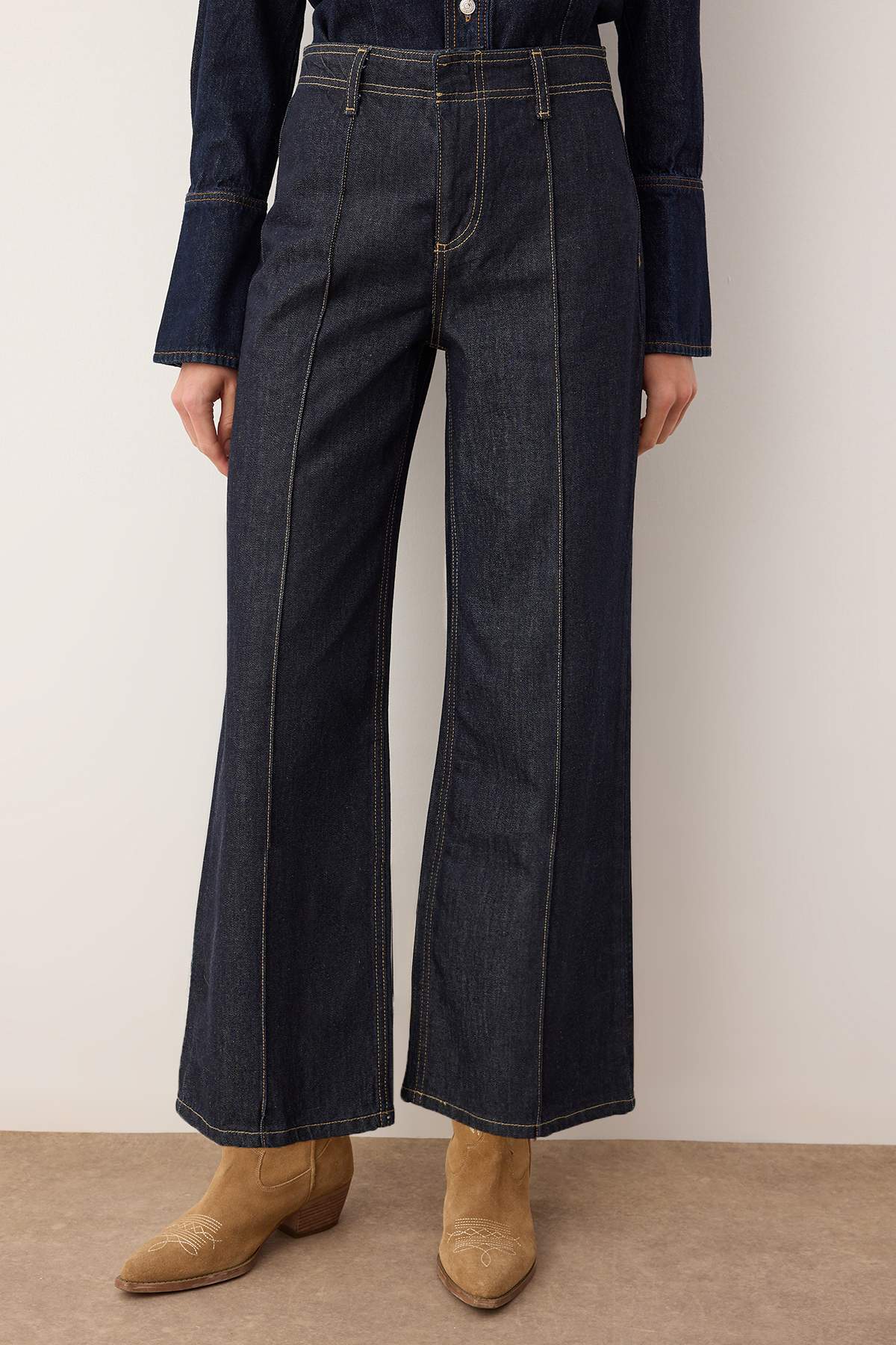 Trendyolmilla  Koyu Mavi Yüksek Bel Culotte Fit Jeans TWOAW26JE00170 - Görsel 3