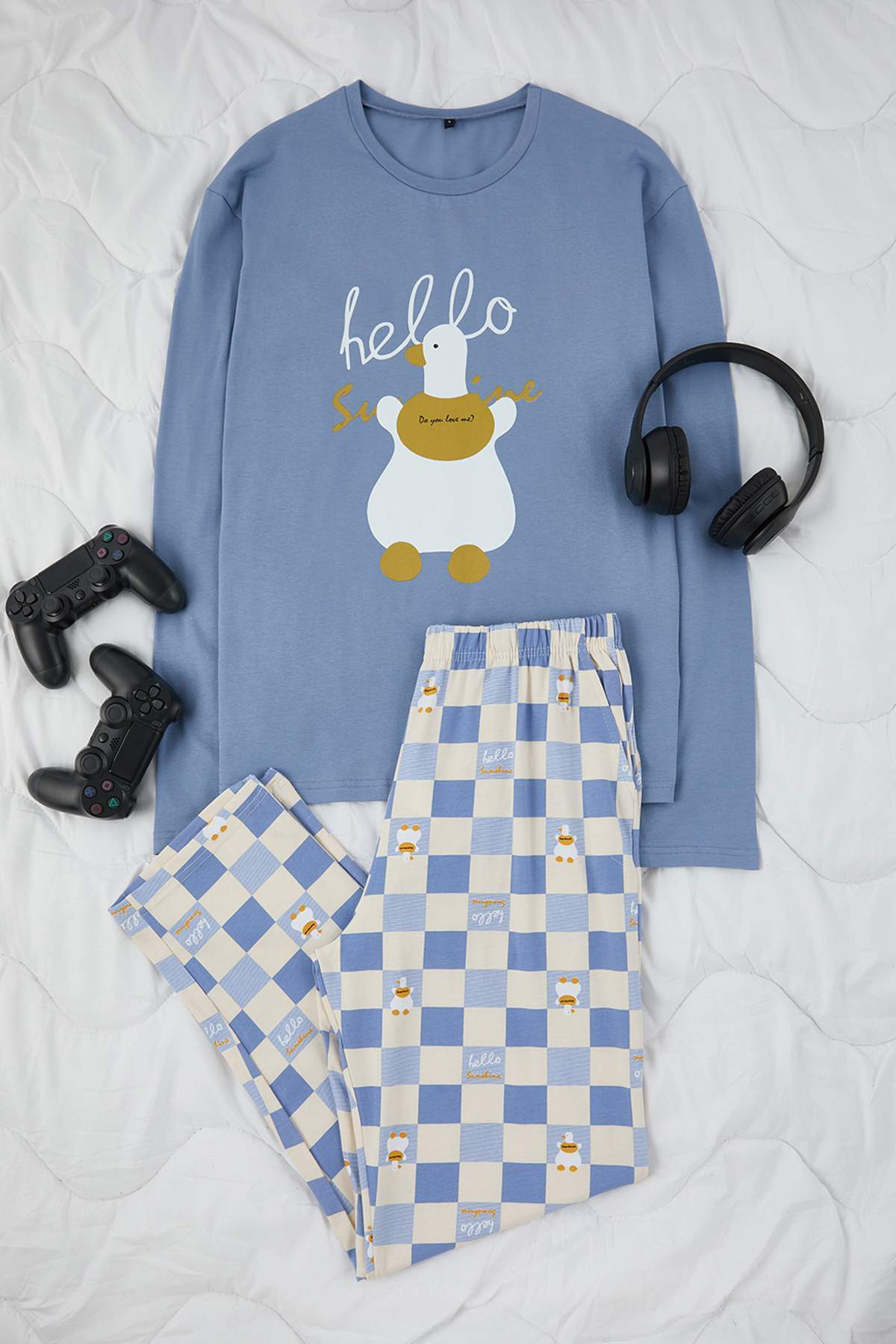 Trendyolmilla Man Mavi Uzun Kollu Pamuklu Ekose Desenli Ördek Baskılı Pijama Takımı TMNAW26PT00044
