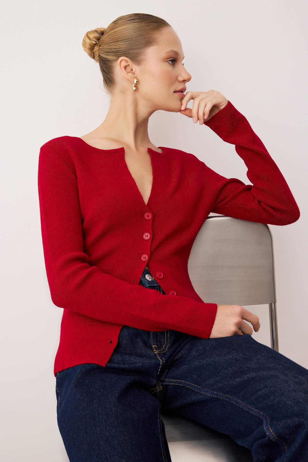 Trendyolmilla  Kırmızı Premium İplik/Özel İplik Fitted/Vücuda Oturan Yünlü Triko Hırka TWOAW26HI00046 - Görsel 2