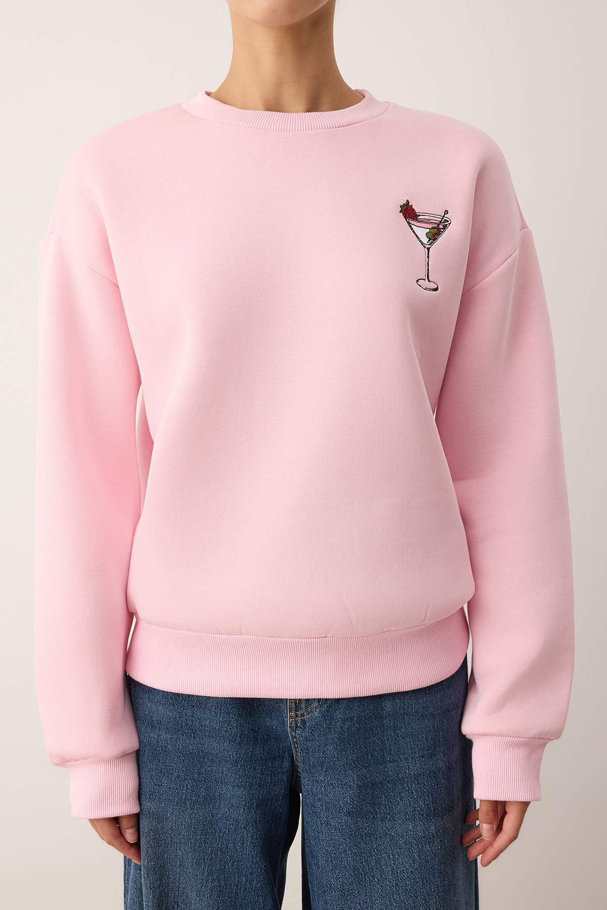 Trendyolmilla  Açık Pembe Animal Nakışlı Regular/Normal Kalıp Kalın İçi Polarlı Örme Sweatshirt TWOAW24SW00196 - Görsel 3