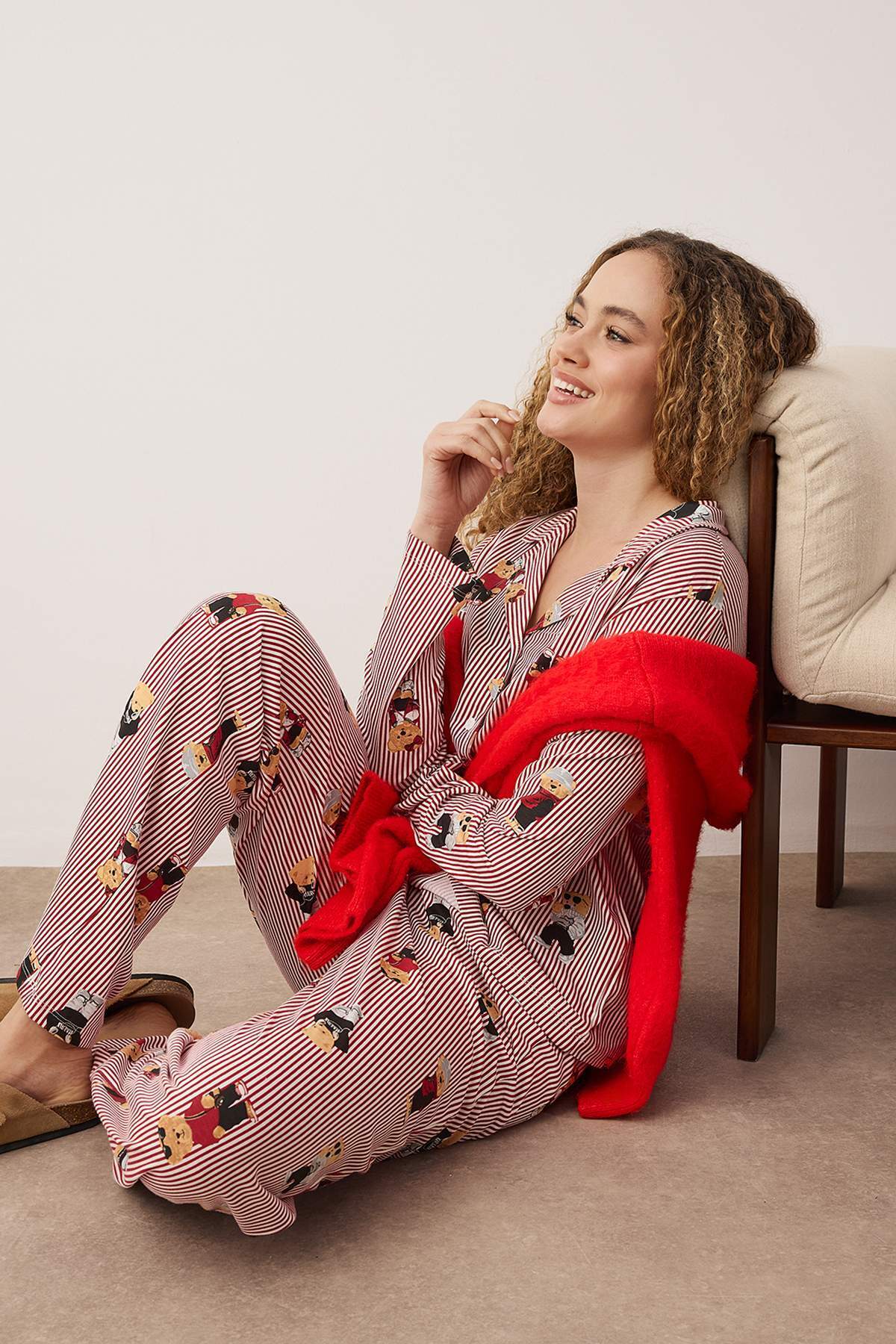 Trendyol Collection Multi-Colored 100% Cotton Teddy Bear and Stripe Pattern Shirt Collar Knitted Pajama Set Thmaw26Pt00171