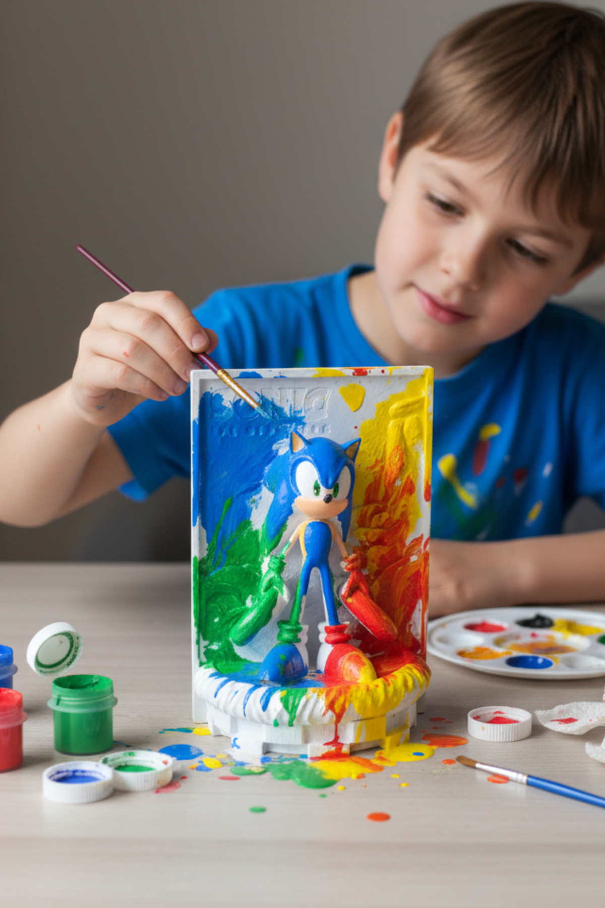فعالیت نقاشی کودکان با مجسمه سنگی سونیک