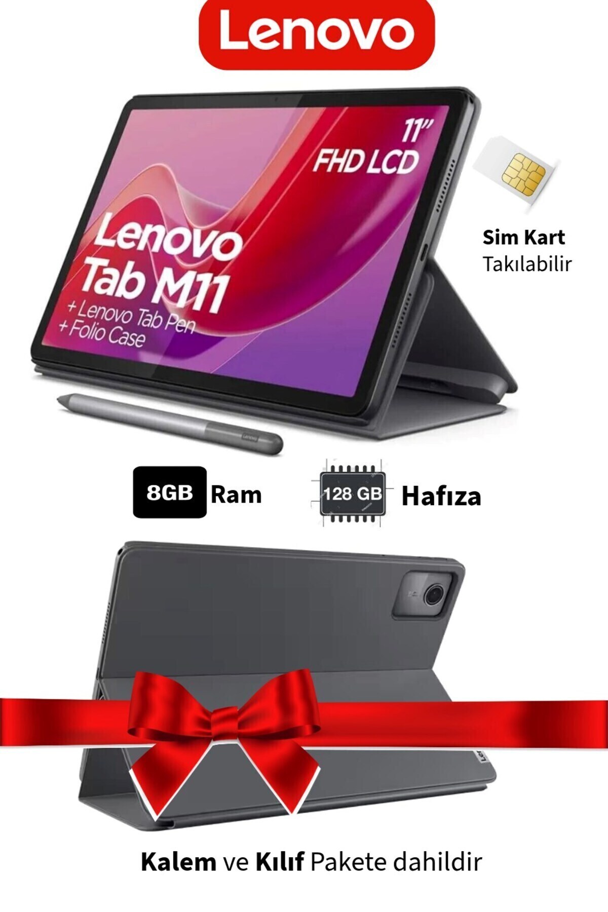 LENOVO Simkartlı Tablet Donkunmatik 11inc FullHD IPS Ekran 8 Çekirdekli Tab M11 8Gb Ram 128Gb Hazfıza