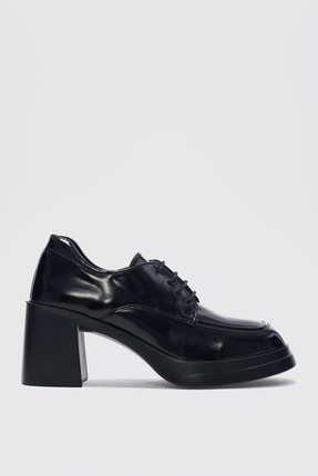 selin shoes Saviel Bağcık Detaylı Kalın Topuk Kadın Ayakkabı- SİYAH RUGAN