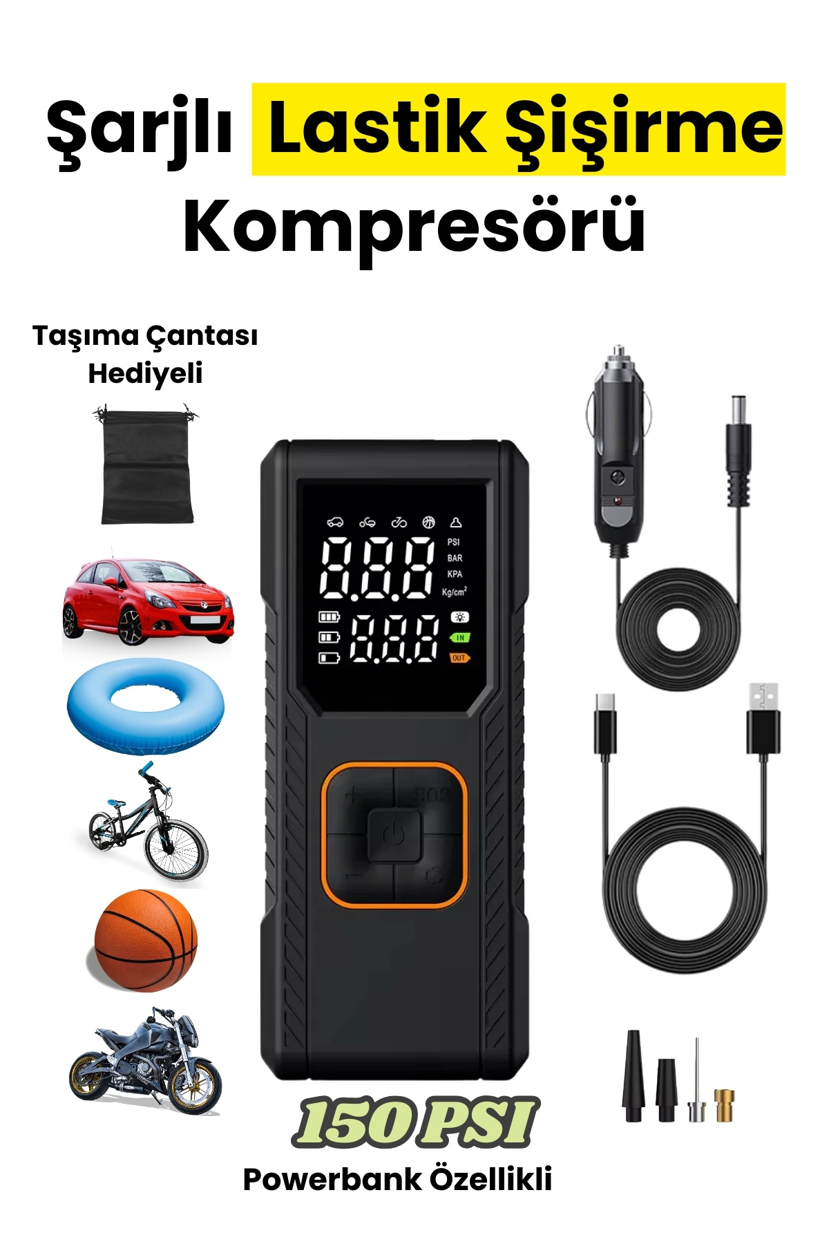 Yussraw Dijital Göstergeli Led Işıklı Taşınabilir 4500mAh Araç Lastik Şişirme Hava Kompresörü