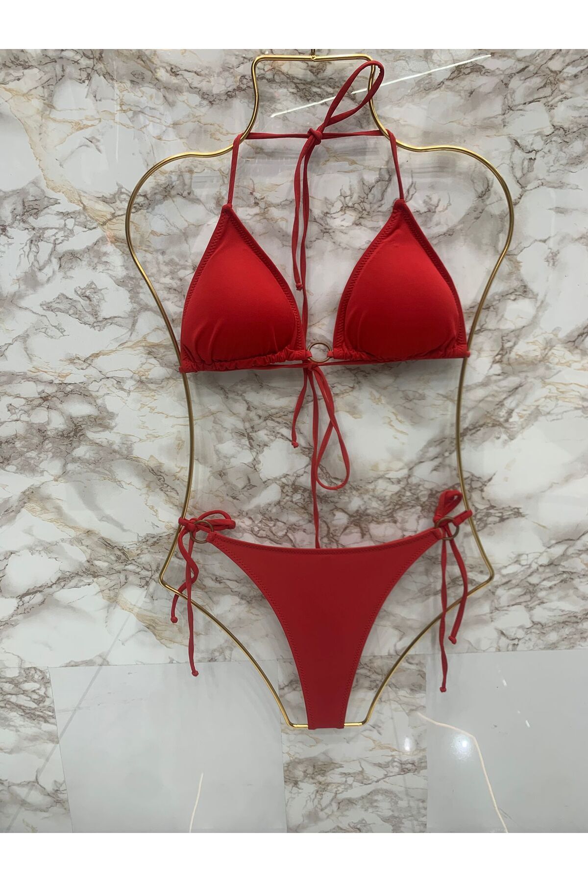 VAJESTO Kadın Kırmızı Halka Detay String Yandan Ve Boyundan Bağlamalı Şık İpli Tanga Likralı Bikini Takım