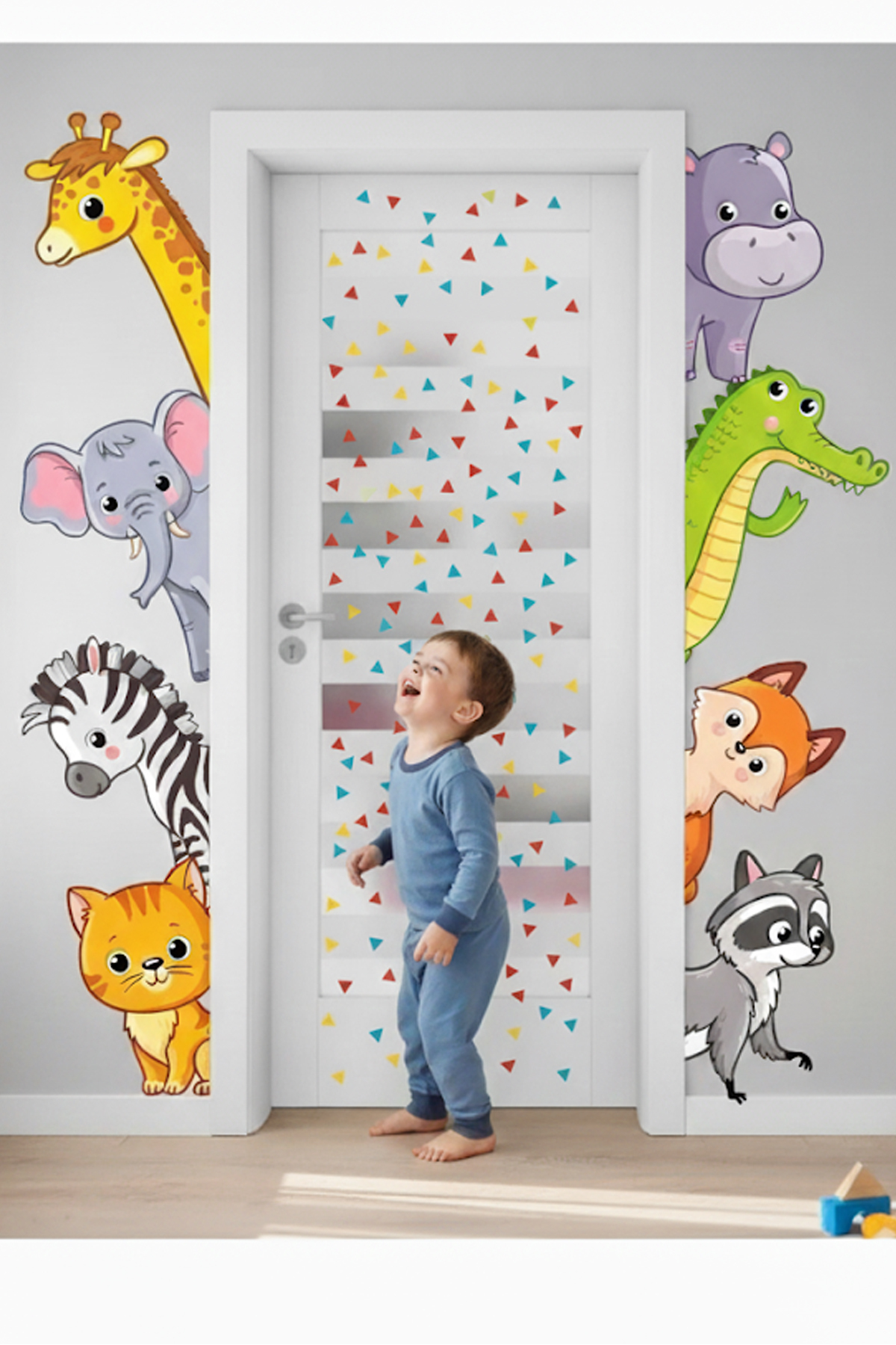 Cute Animals and Colorful Triangles Door, Cabinet and Wall Stickers Set