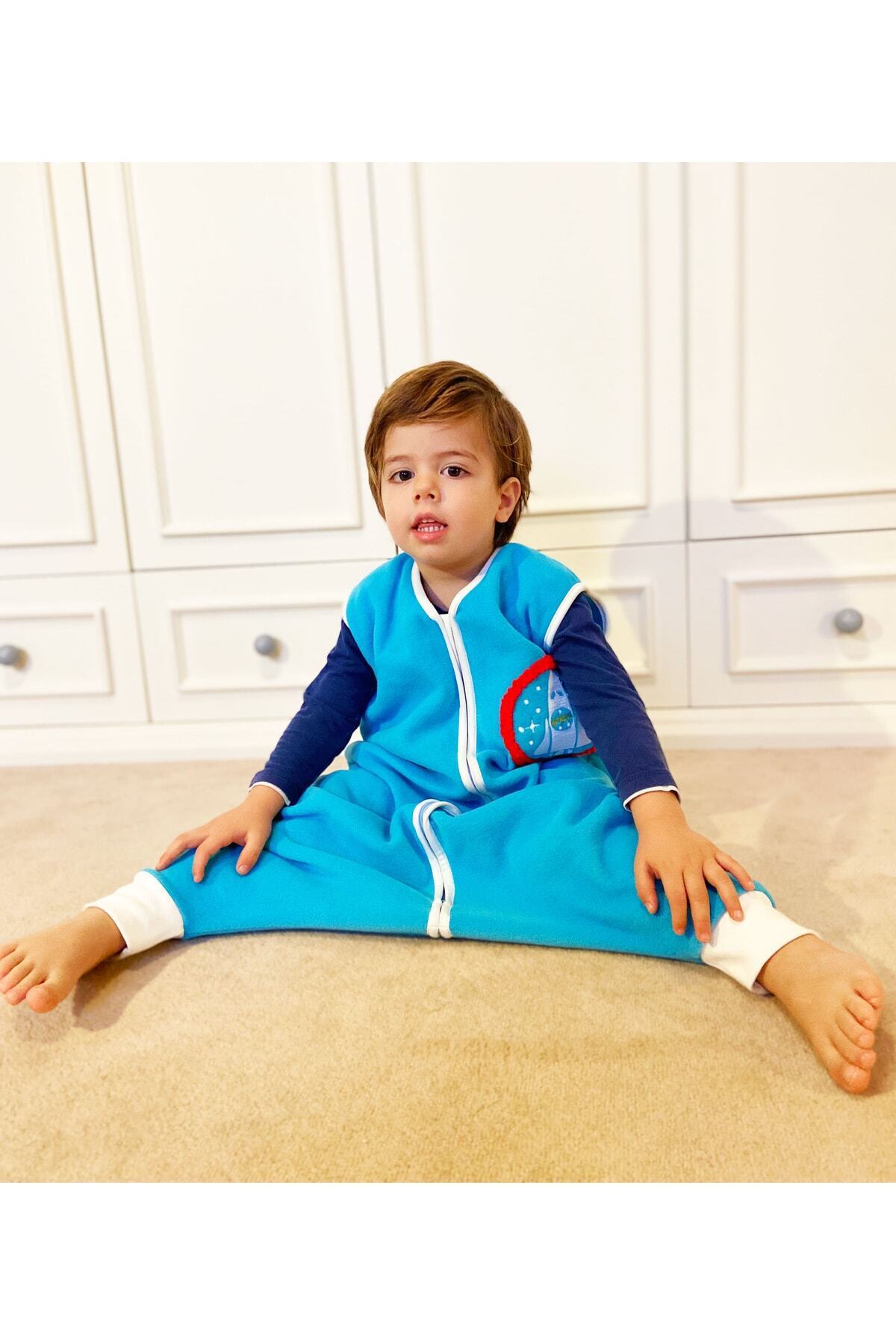 yorni Ayaklı Mavi Kolsuz Mikro Polar Bebek Çocuk Uyku Tulumu fotoğrafı 3 (önizleme)