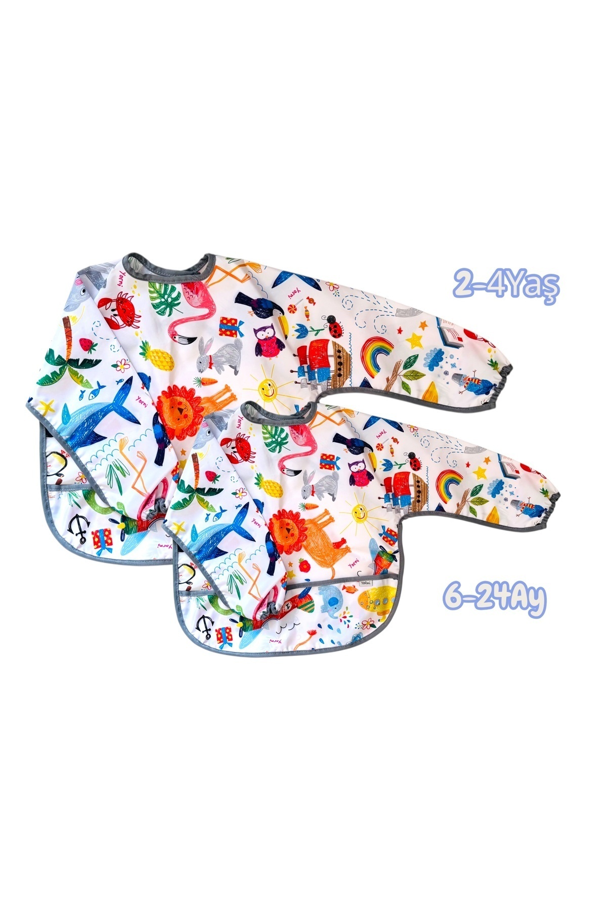 yorni 2'li Ekonomik Set, Jungle 6-24ay ve 2-4yaş Uzun Kollu, Sıvı Geçirmeyen Bebek Önlük, Cepli ve Cırtlı