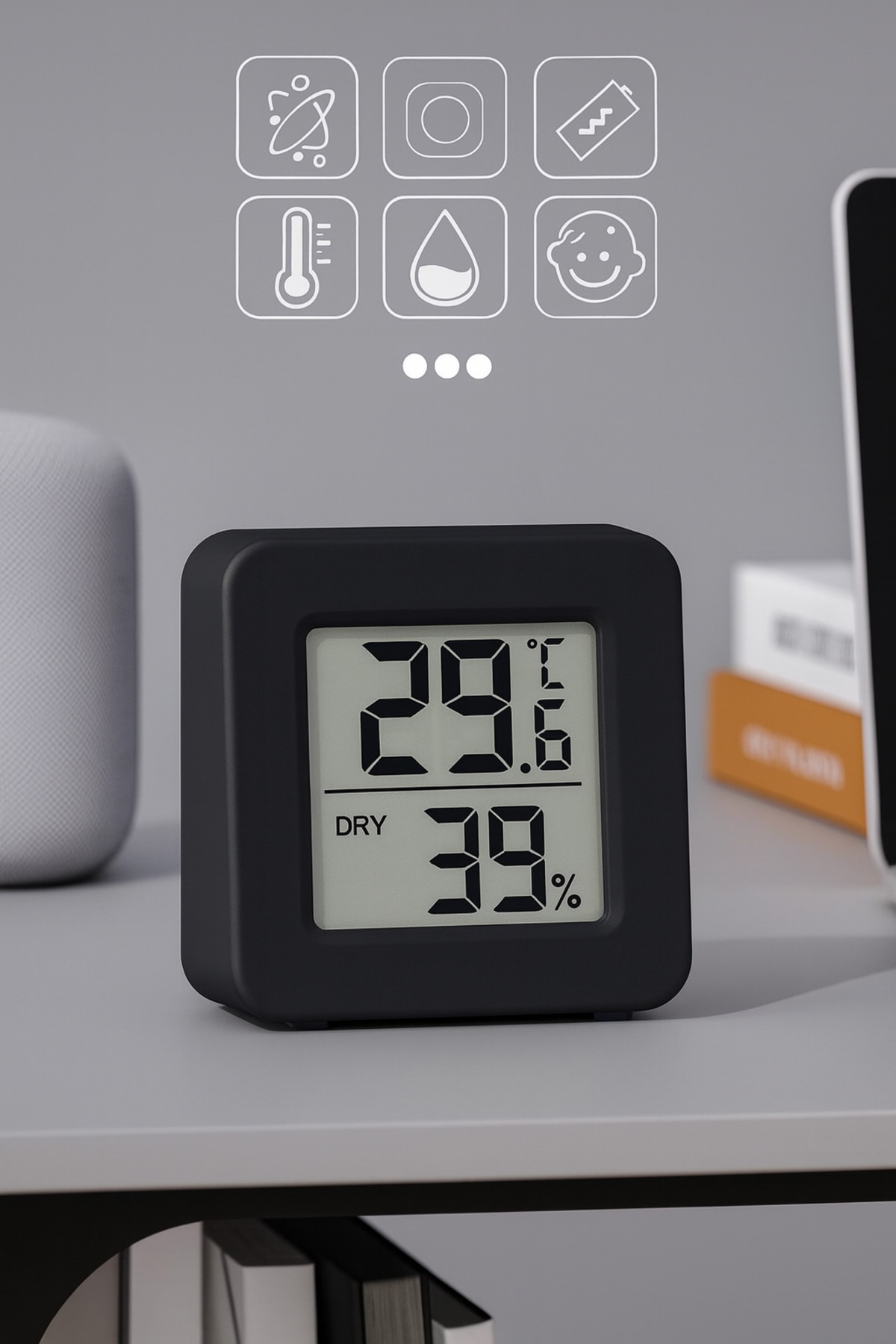 Soft Kare Mini Sıcaklık Nem Ölçer LCD Ekranlı Oda Termometre Duvara Takılabilen Masaüstü Isı Göstergesi Siyah