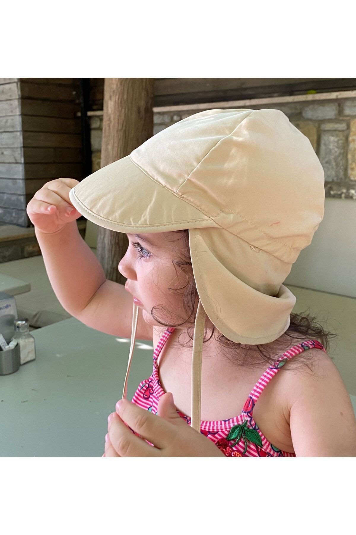 yorni Bej, Flap Lejyoner, Ense Korumalı, Boyundan Bağlamalı, Lastikli Ayar Tokalı, Çocuk Bebek Güneş Şapka fotoğrafı 2 (önizleme)