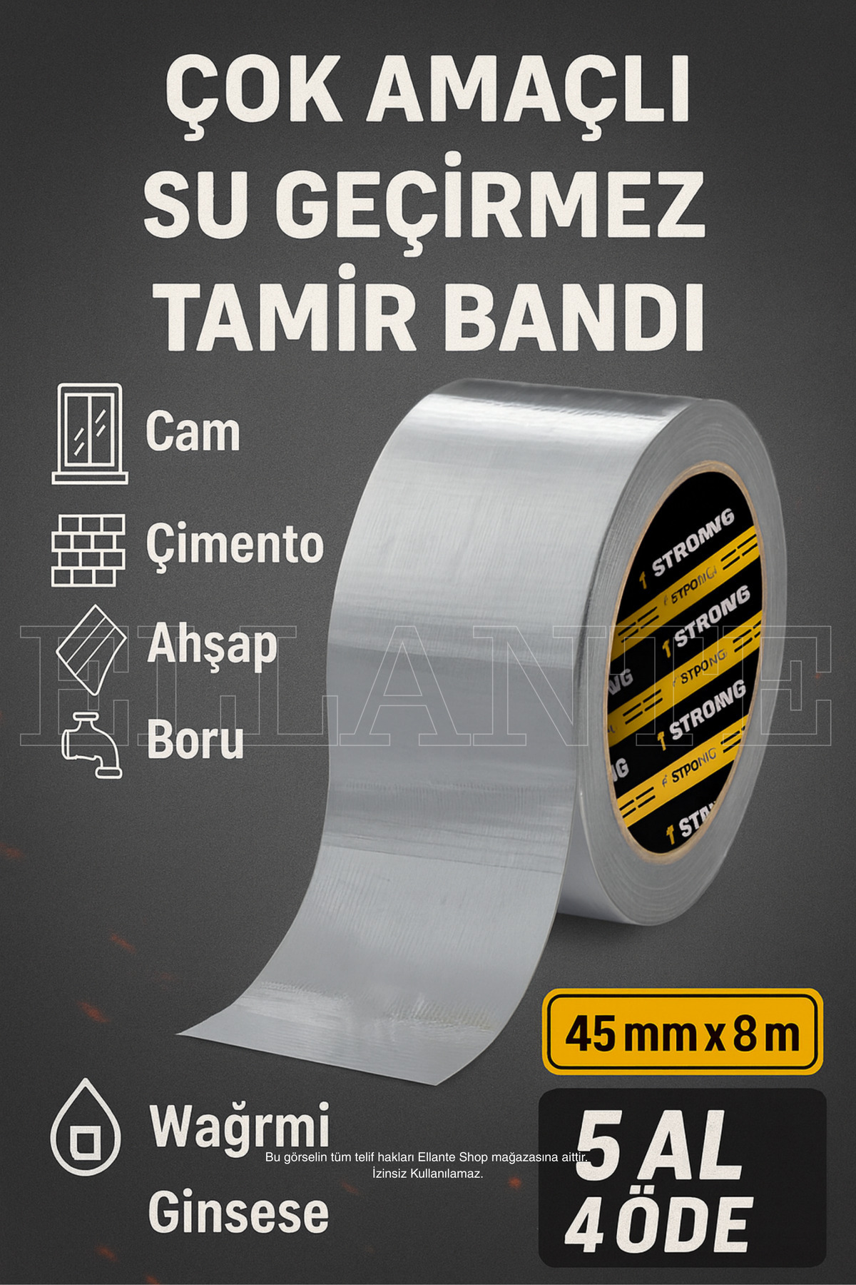 ellante Çok Amaçlı Su Geçirmez Sızdırmaz Dayanıklı Izolasyon Gri Tamir Bandı 48 Mm 10 Mt 1 Adet Güçlü
