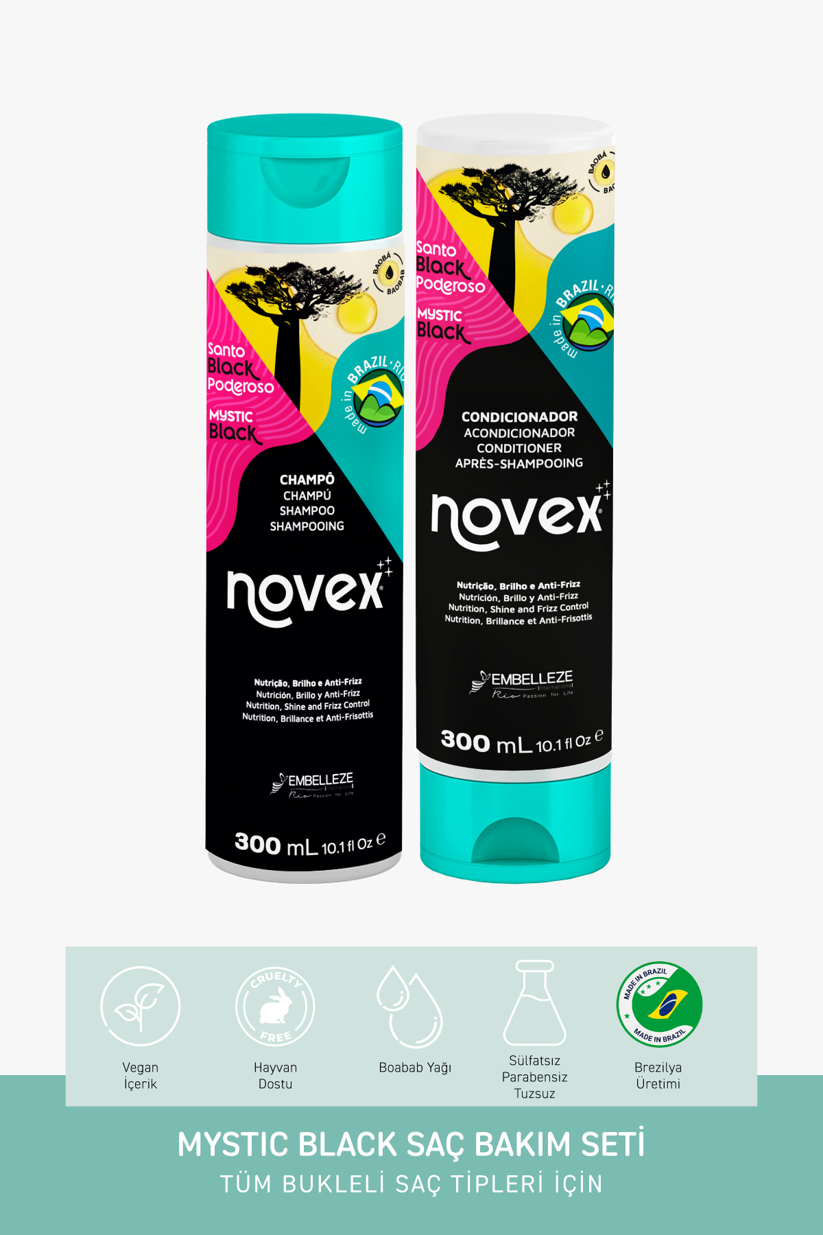NOVEX Mystic Black - Kuru Bukleli Saçlar Için Onarıcı Şampuan 300ml Saç Kremi 300ml — 8761200037462